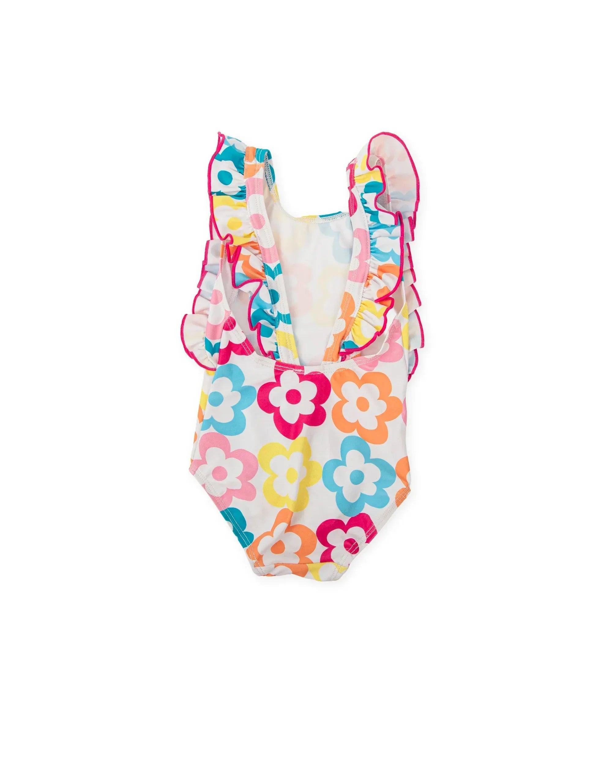 Bañador de licra floral multicolor con escote y espalda cruzada con volantes