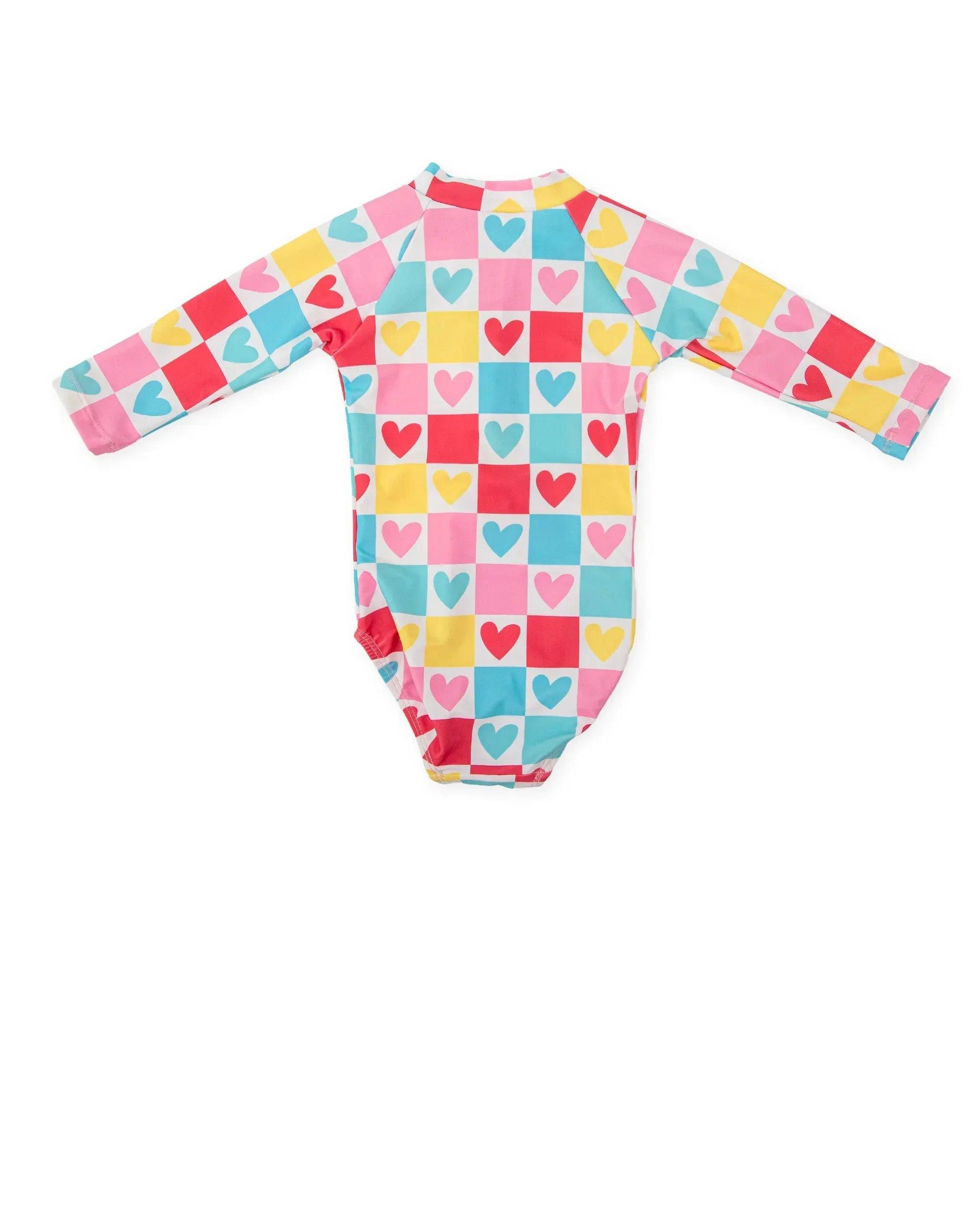 Bañador de licra de manga larga con corazones multicolor, cremallera frontal