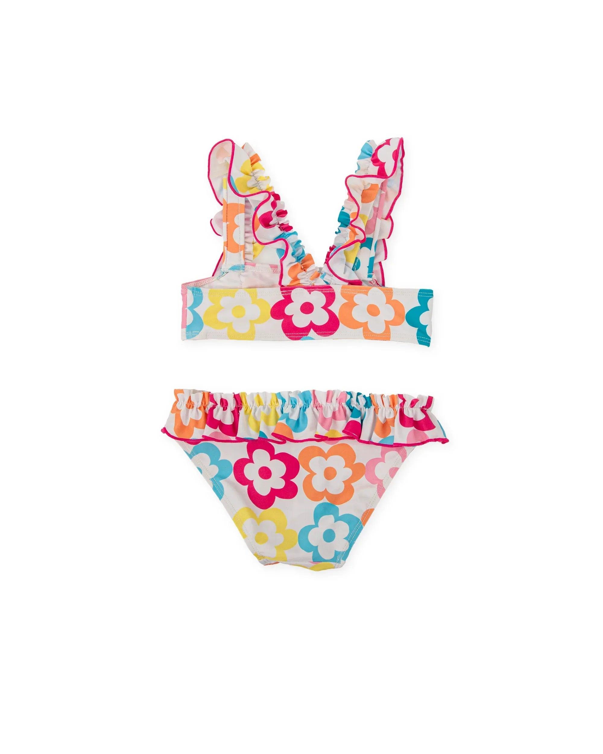 Bikini de licra floral multicolor con tirantes y braguita con volantes