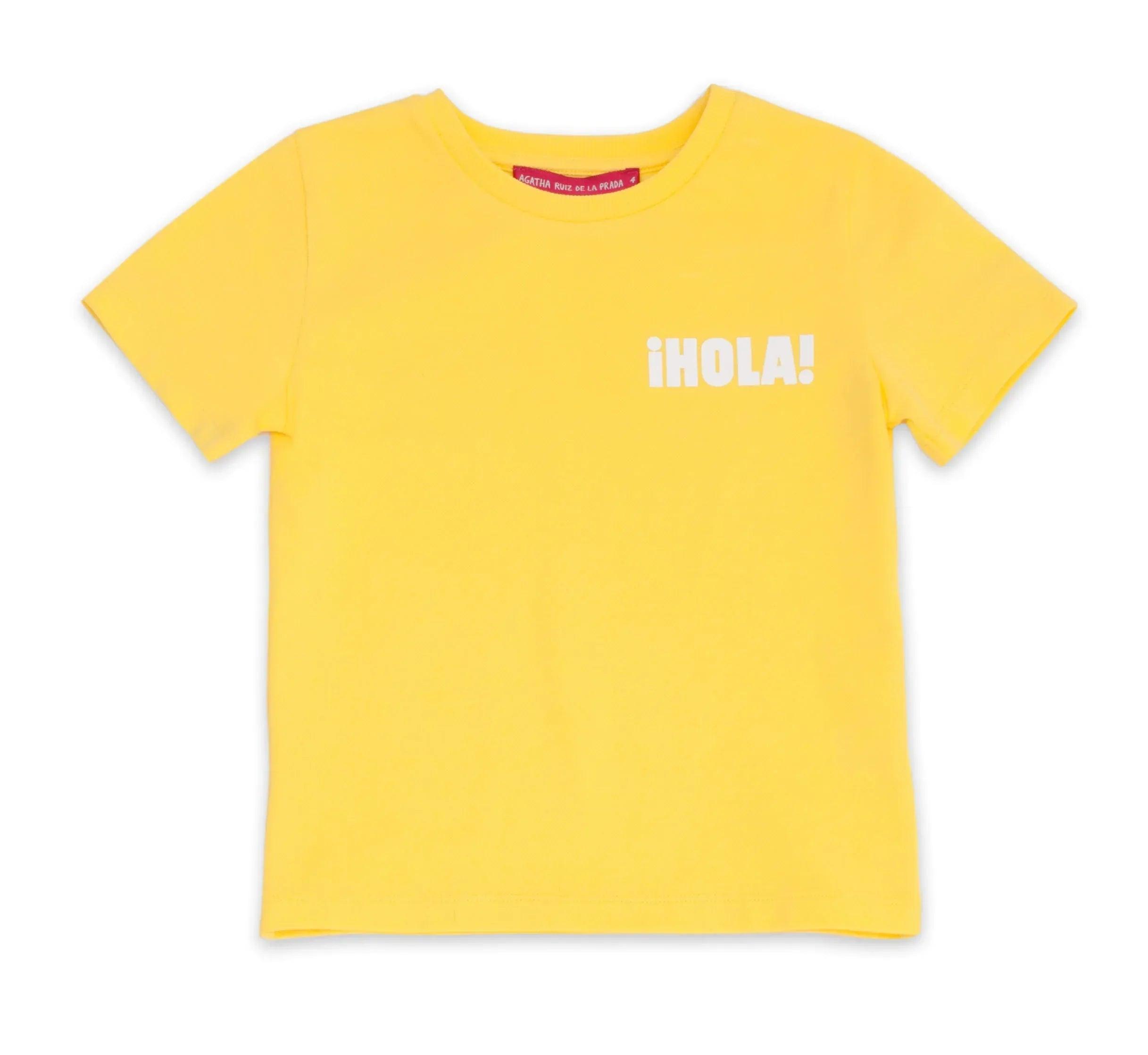 Camiseta amarilla infantil con estampado ¡HOLA! frontal