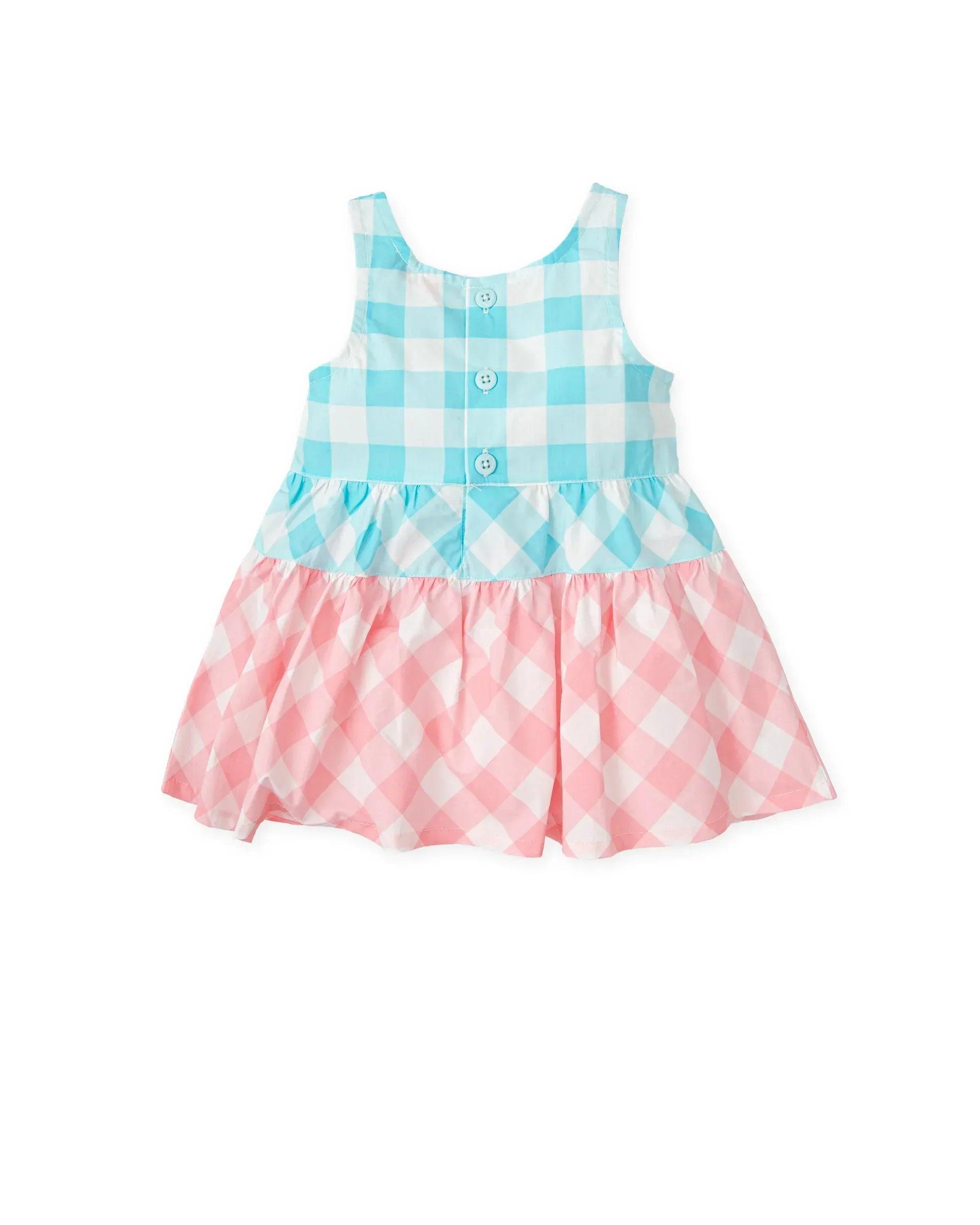 Vestido sin mangas vichy azul y rosa con botones al frente y falda acampanada
