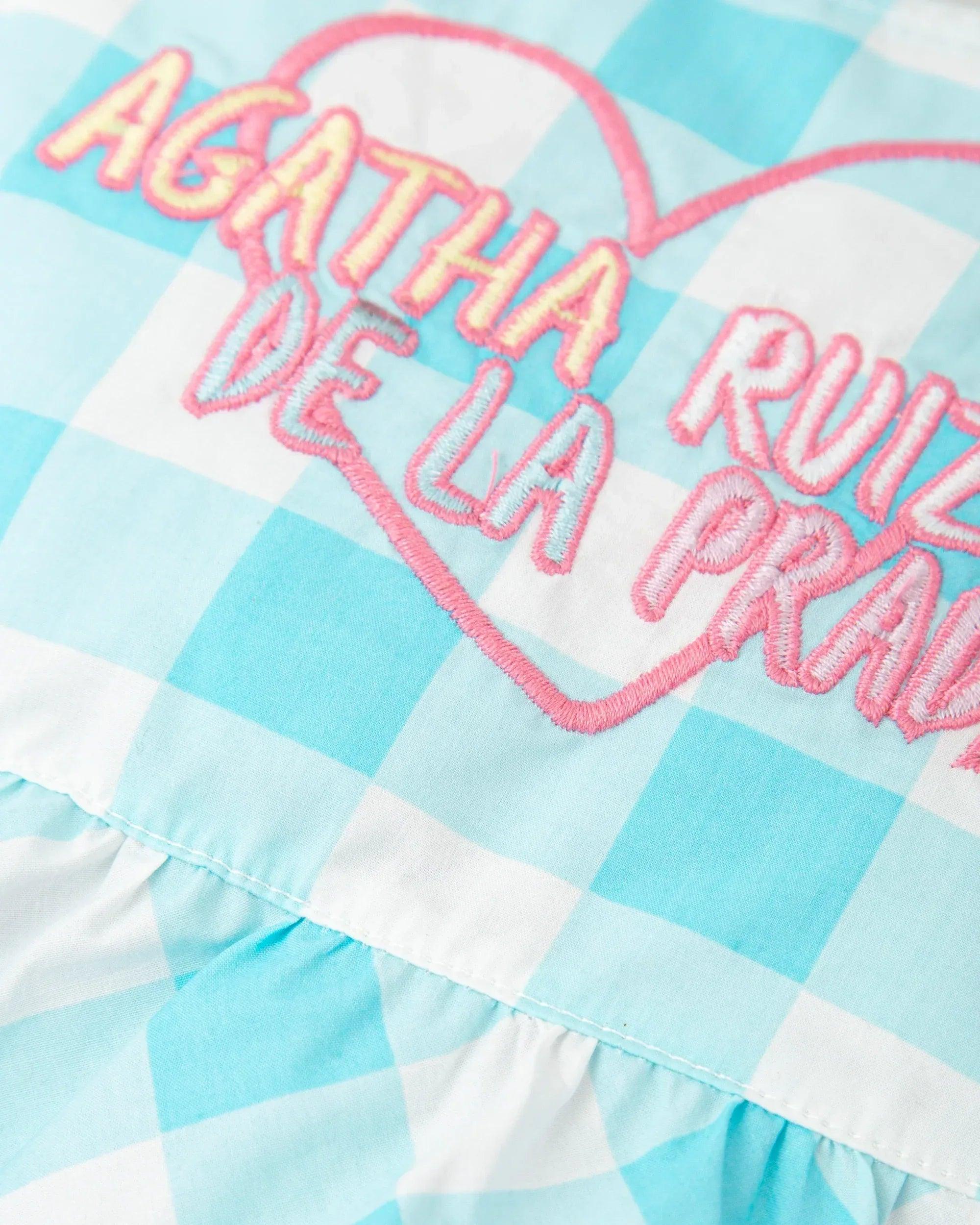 Detalle de vestido: bordado rosa y turquesa sobre cuadros vichy