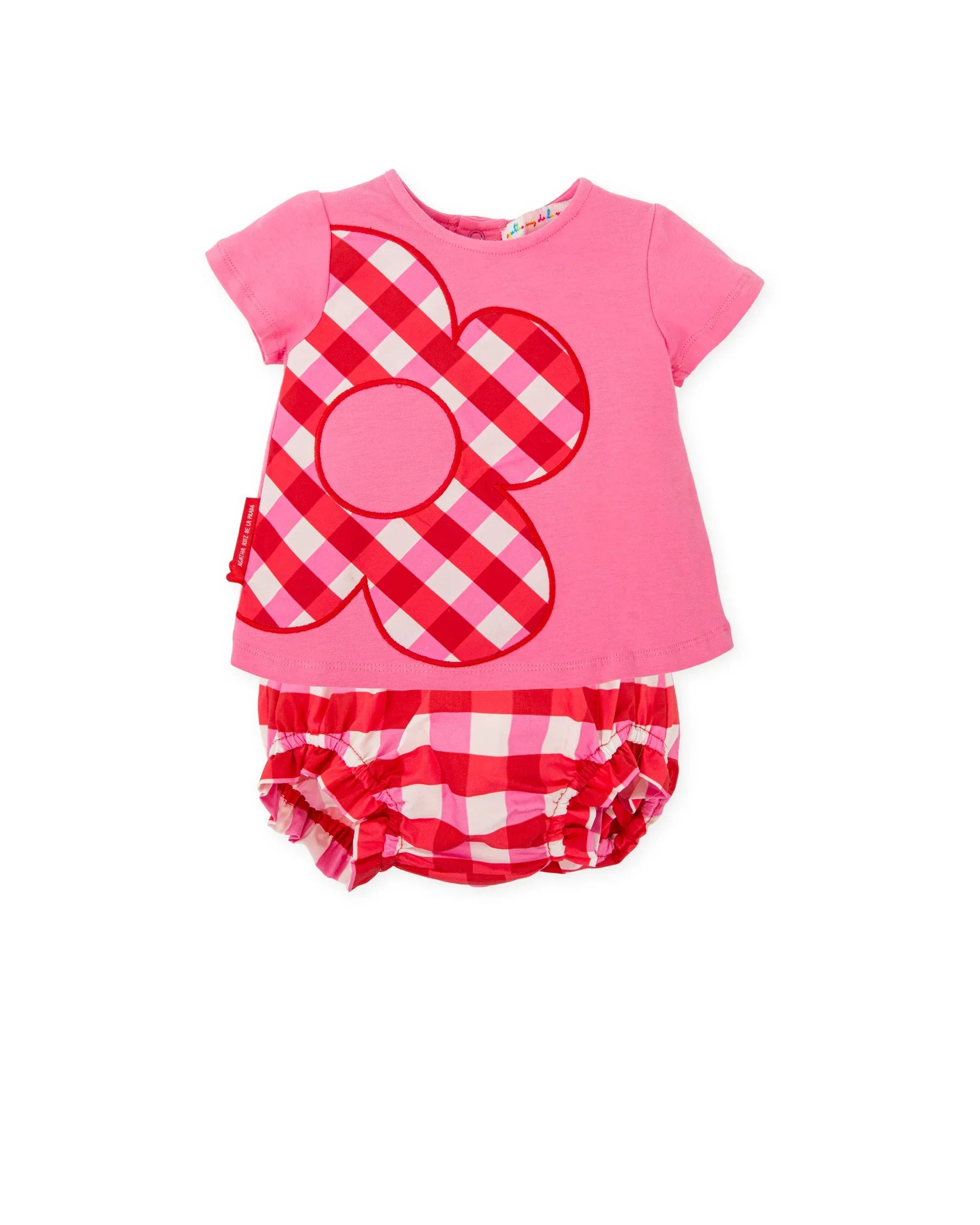 VESTIDO FUCSIA CON FLOR DE CUADROS DE VICHY Y BRAGUITA A JUEGO - Agatha Ruiz de la Prada