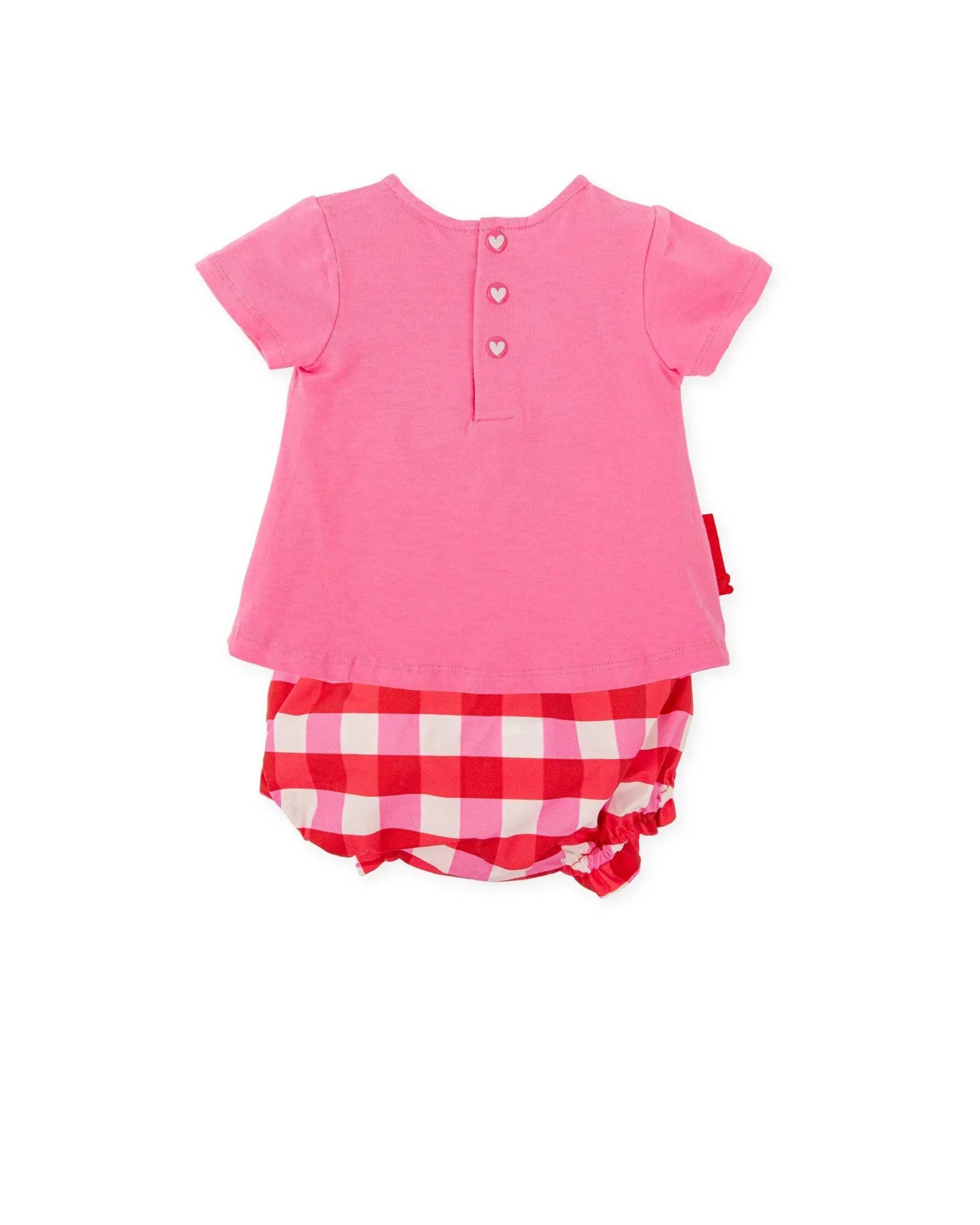 Vestido infantil fucsia con botones al frente y braguita vichy roja