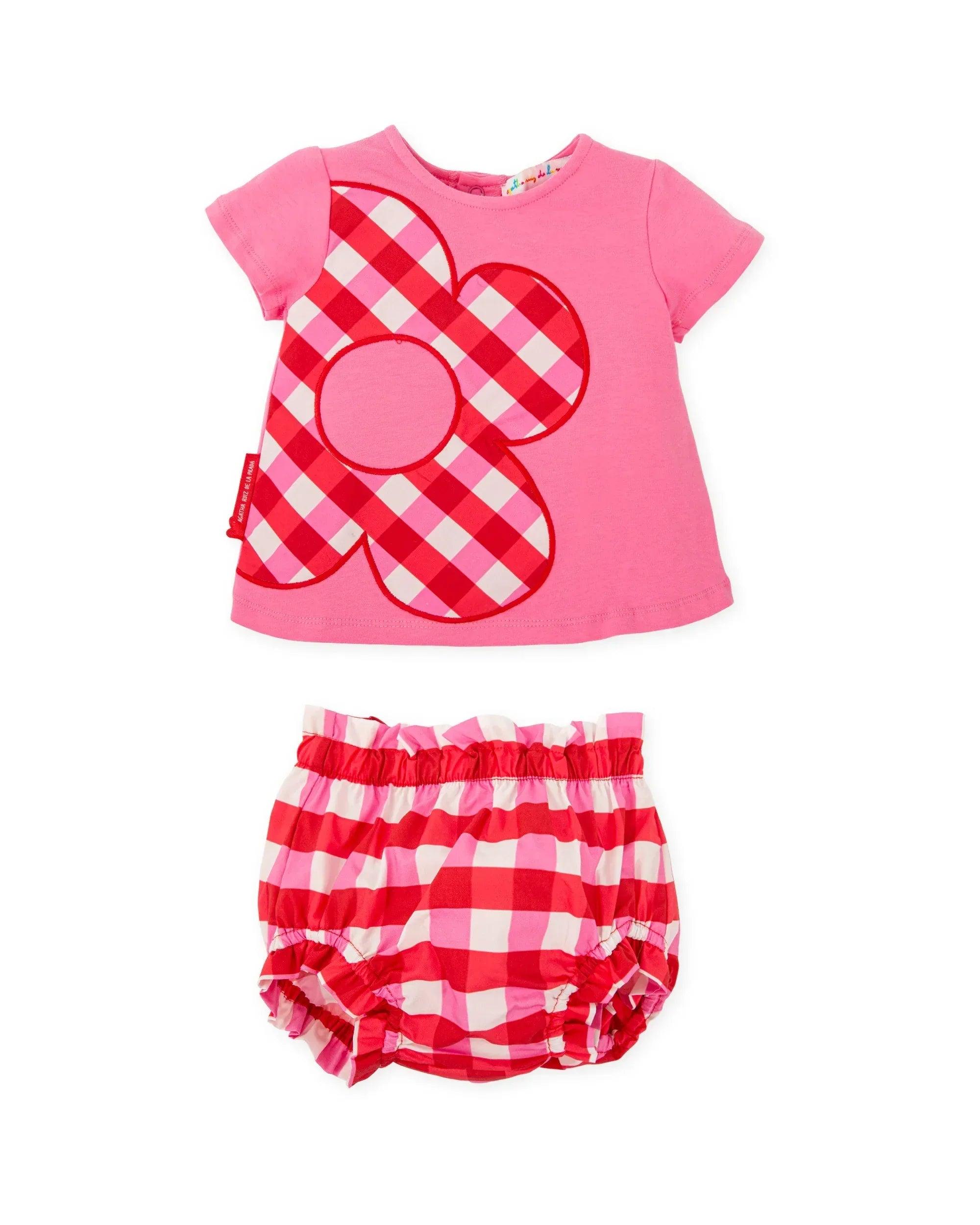 Vestido infantil fucsia con flor vichy y braguita fruncida a juego