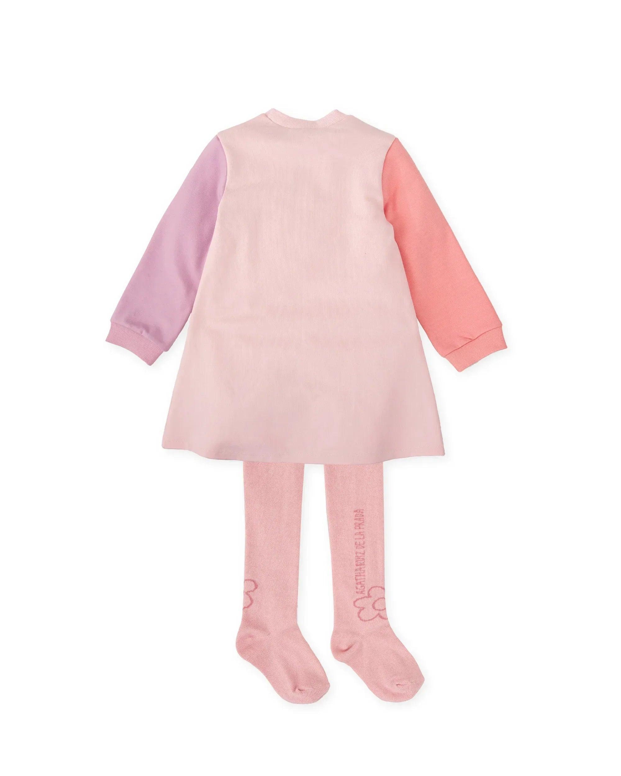 Vestido rosa claro de manga larga con espalda lisa y leotardos rosados