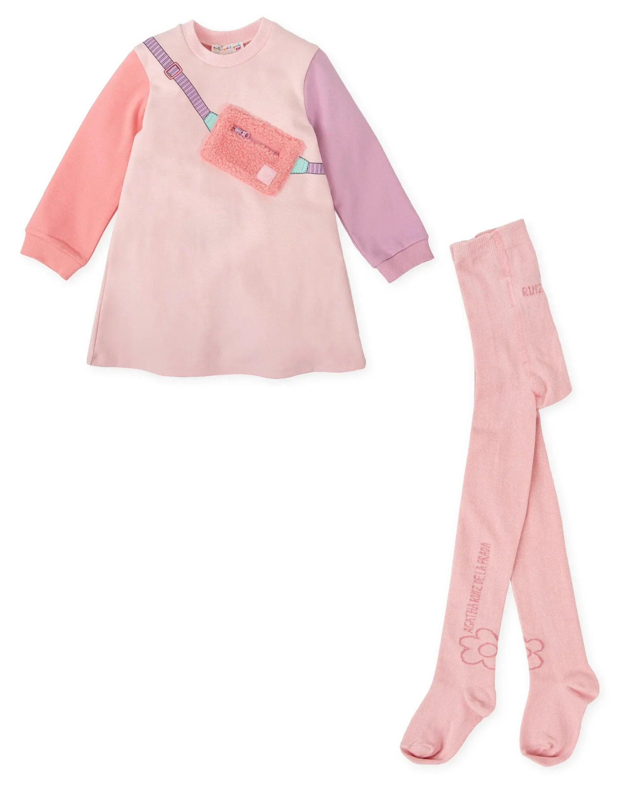 Vestido rosa con ilustración frontal y leotardos largos rosados