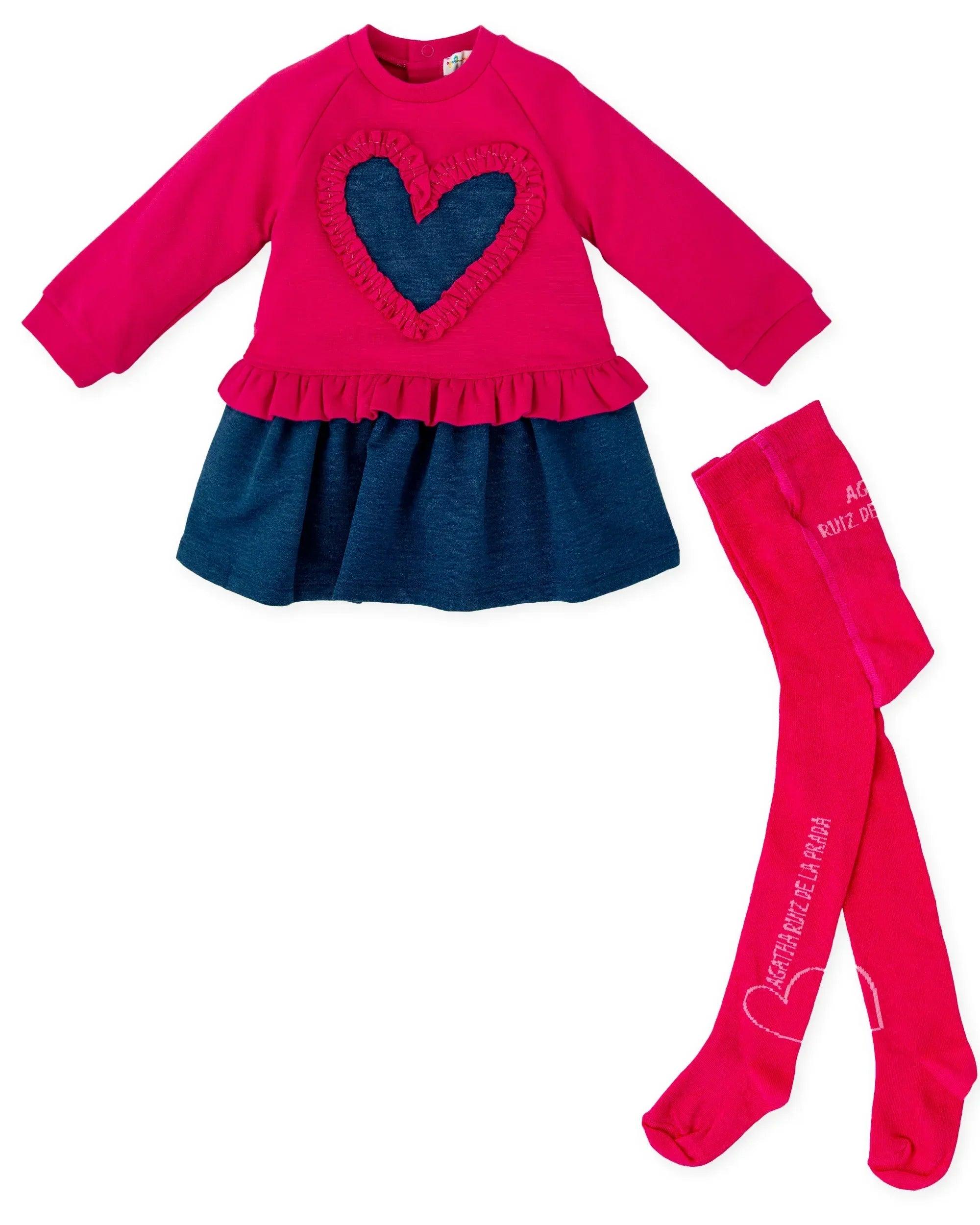 Vestido rosa con corazón azul indigo, falda de vuelo y leotardos fucsia a juego