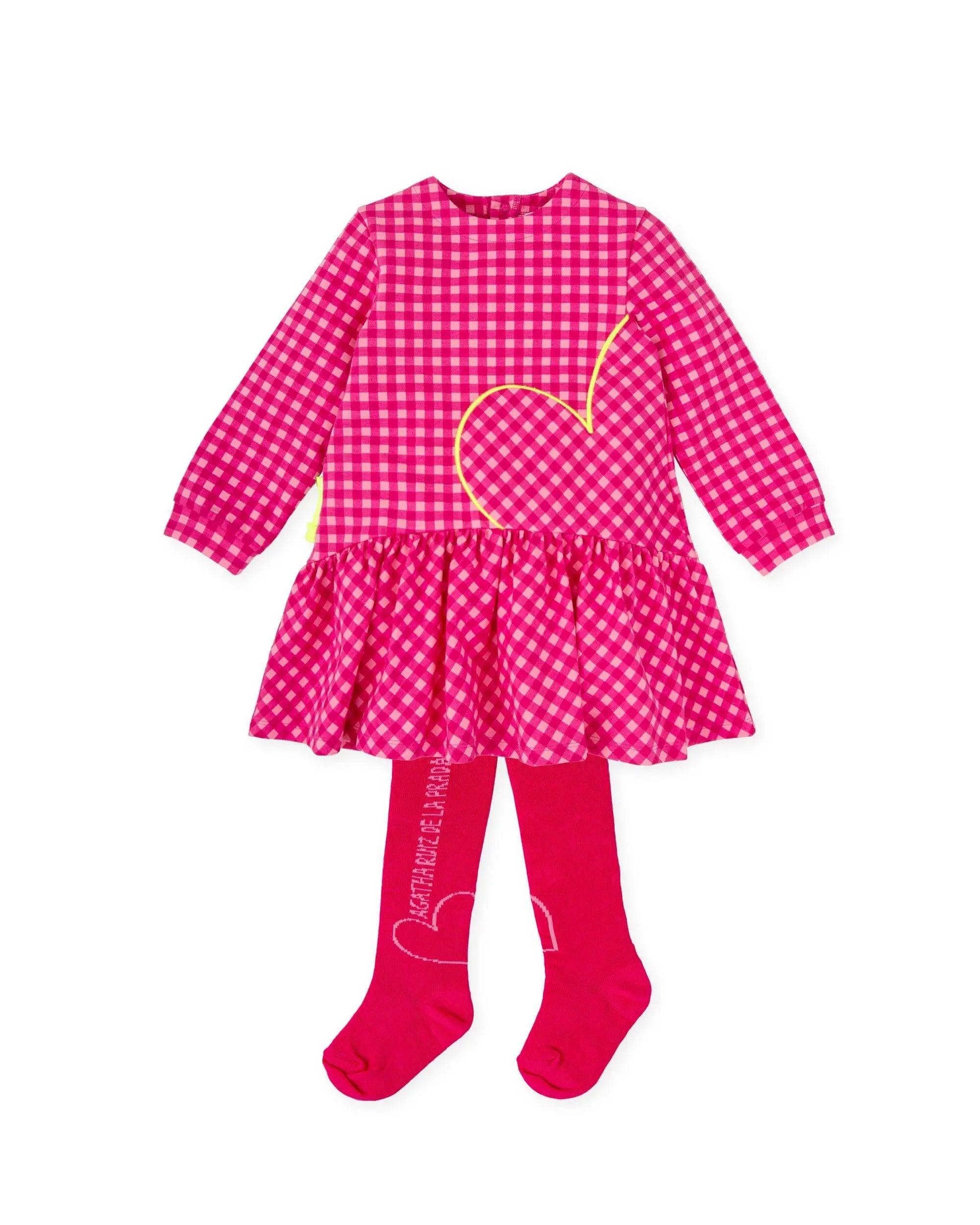 Vestido infantil fucsia de cuadros con pieza de corazón frontal y manga larga