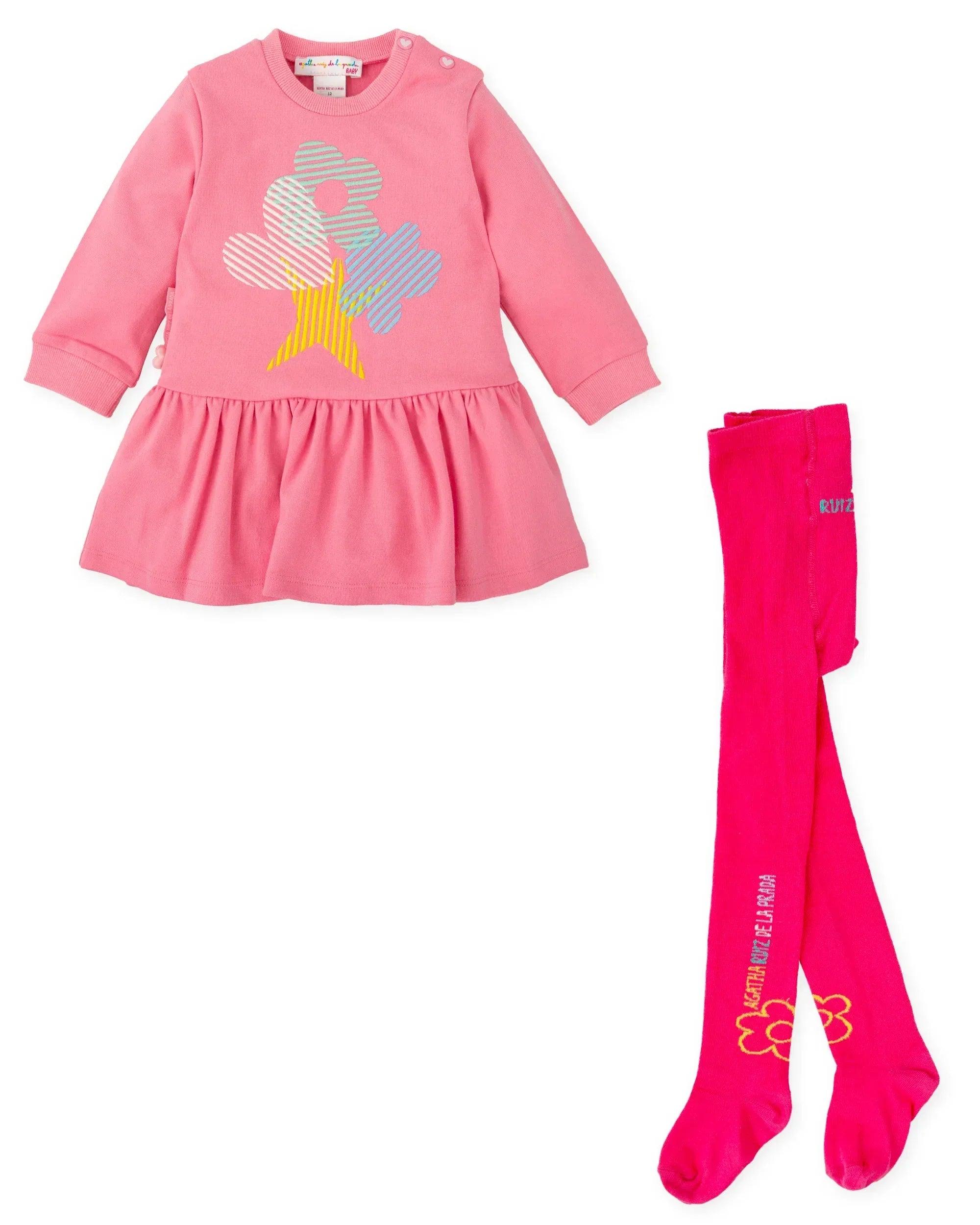 Vestido rosa manga larga con volante y leotardos fucsia con lazo