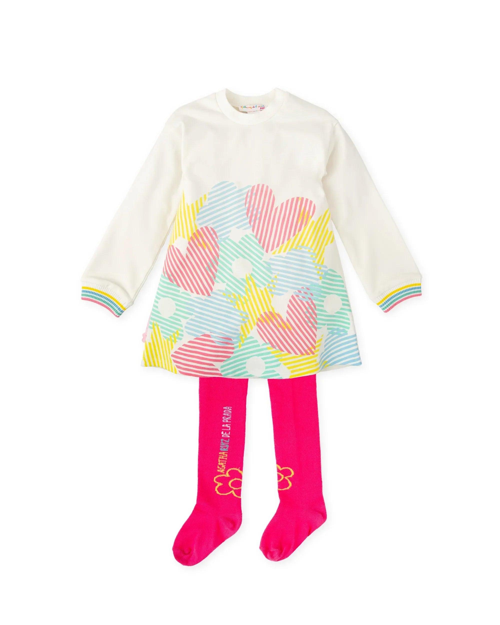 Vestido blanco de manga larga con estampado multicolor y leotardos fucsia incluidos