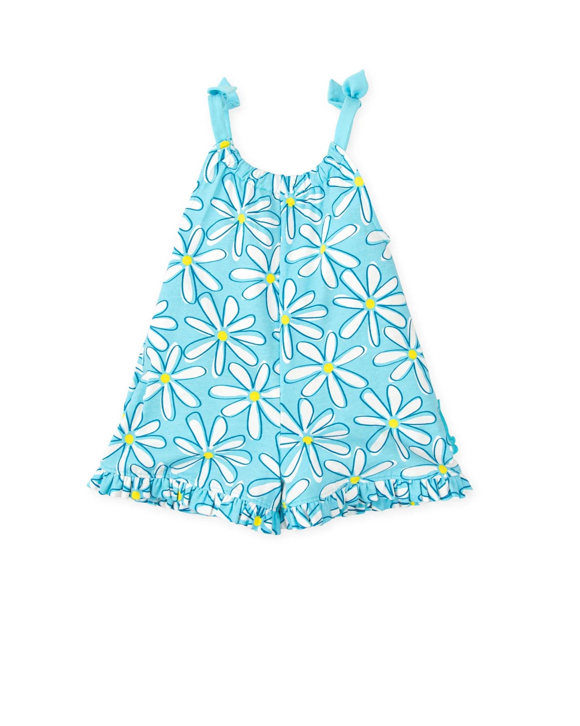 Vestido azul de tirantes con estampado de margaritas y fruncido en el bajo