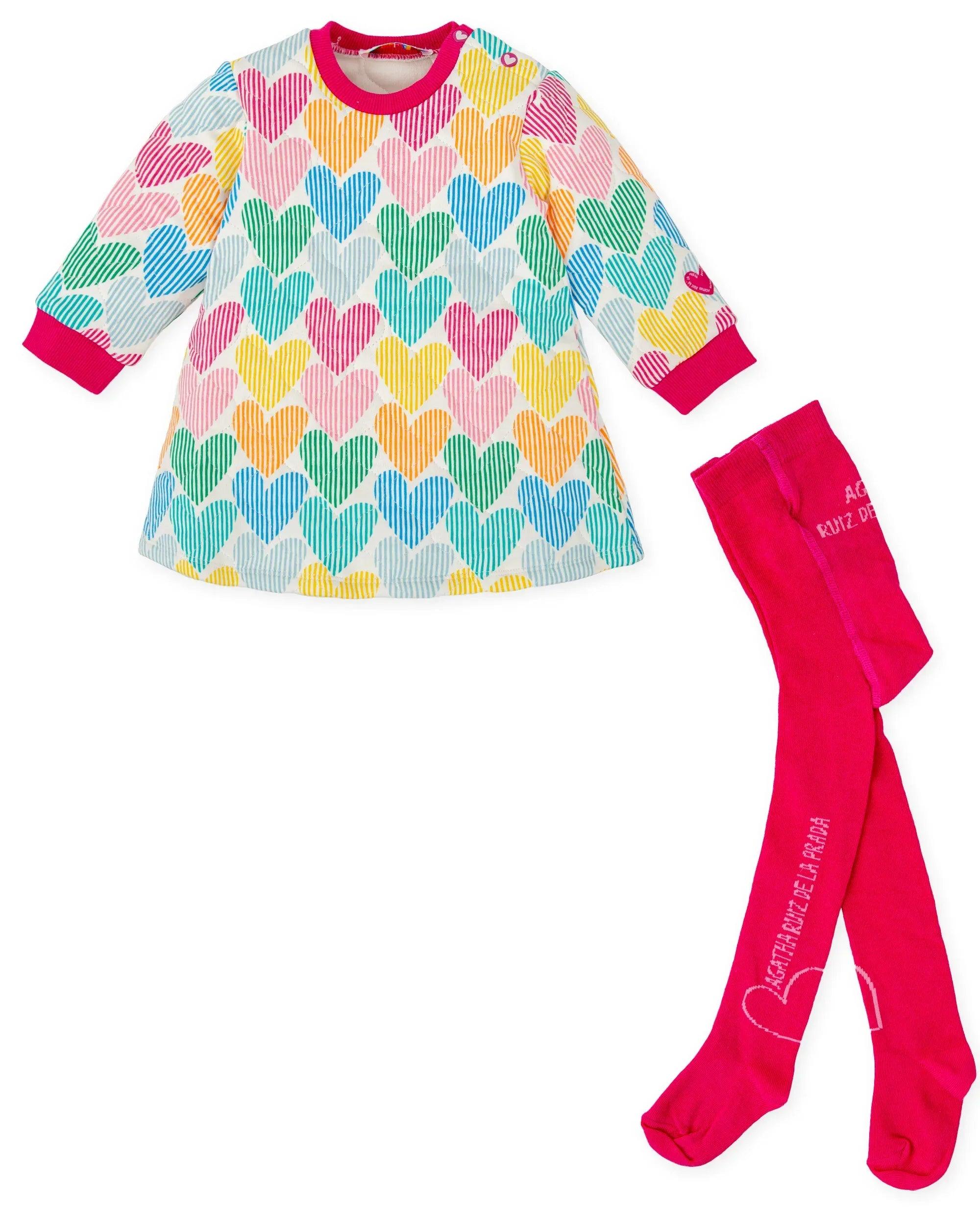 Vestido infantil multicolor de corazones con leotardos fucsia hasta la rodilla