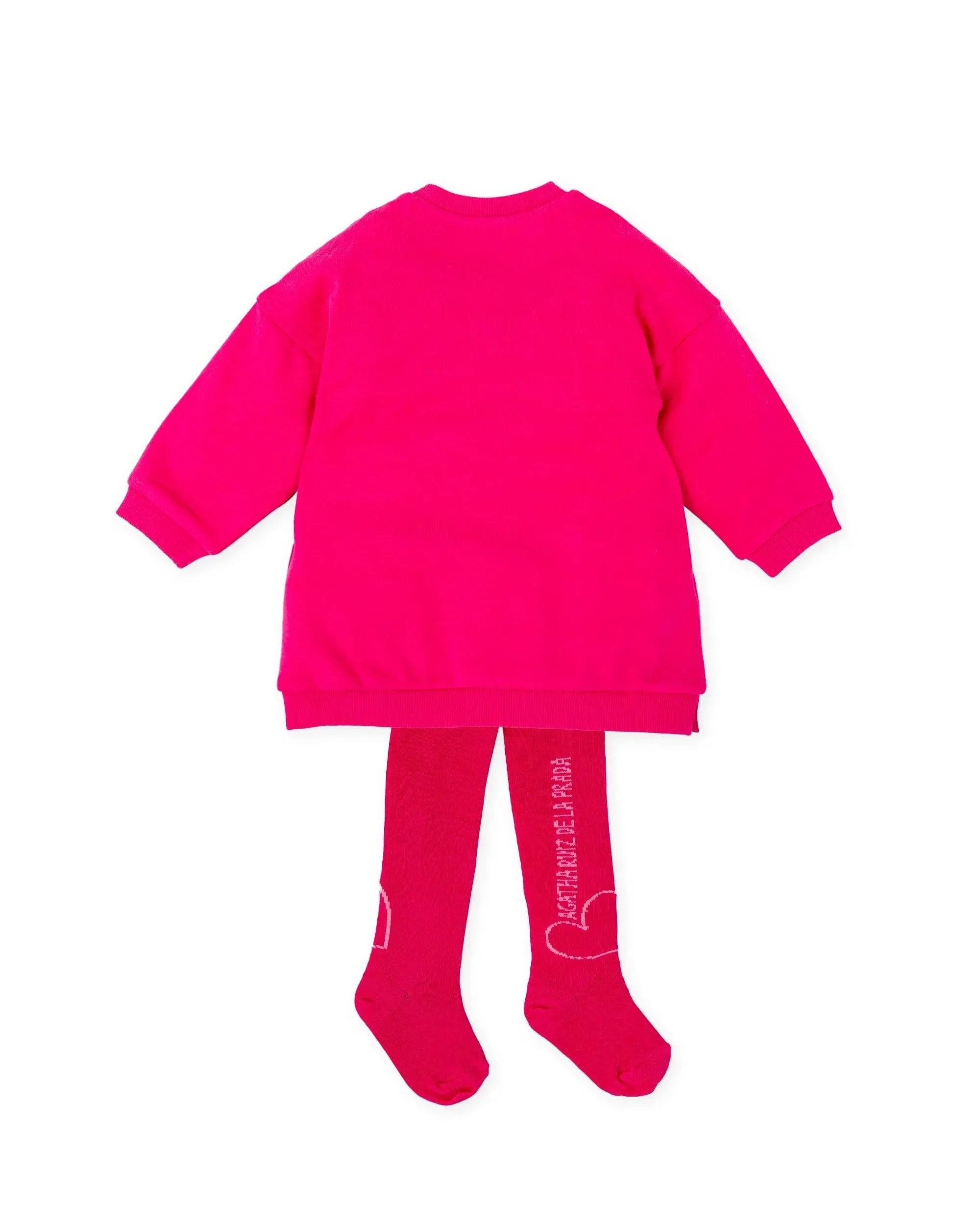 Vestido infantil fucsia de manga larga y leotardos rojos con texto