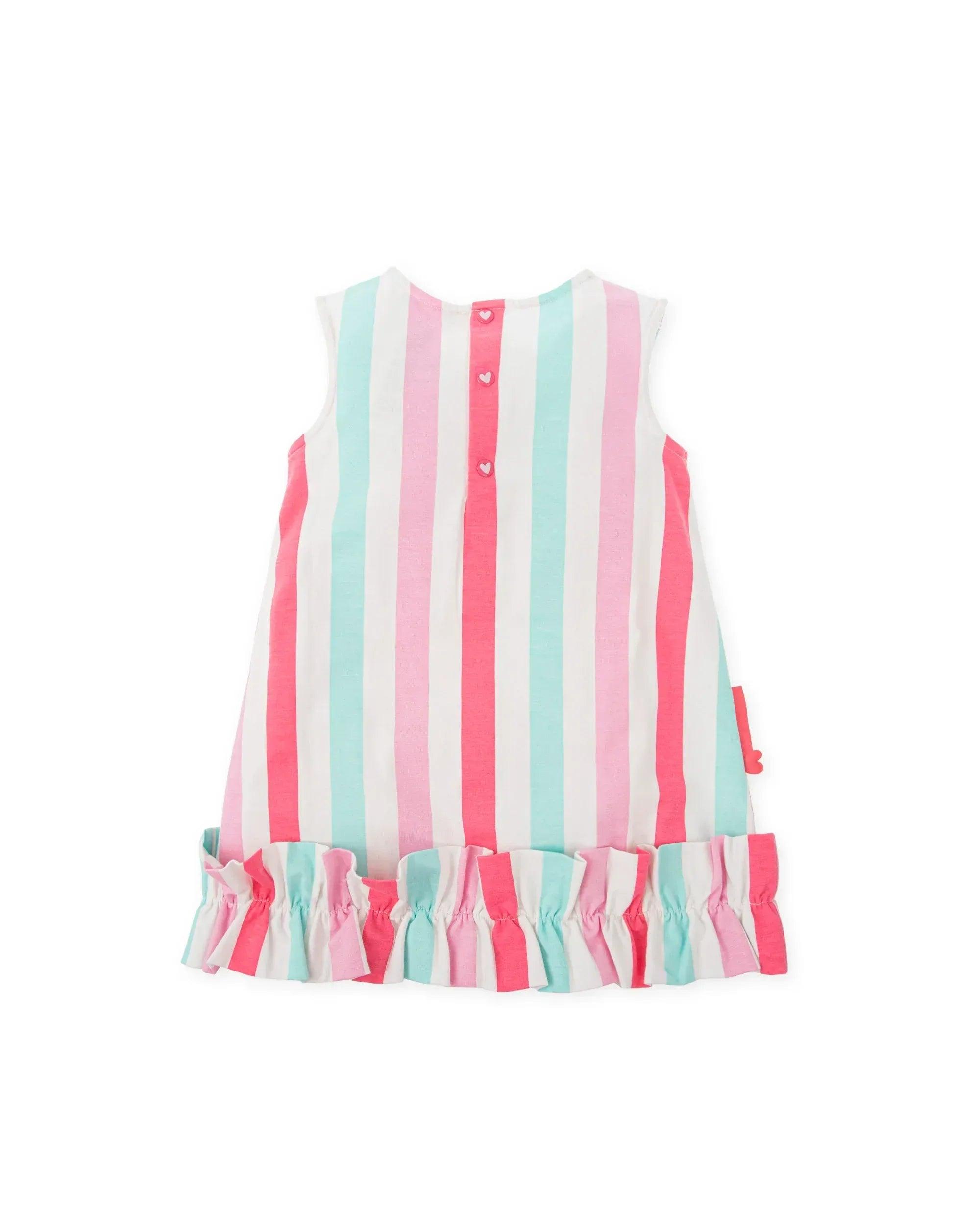 Vestido sin mangas rayado blanco con botones y falda con volantes