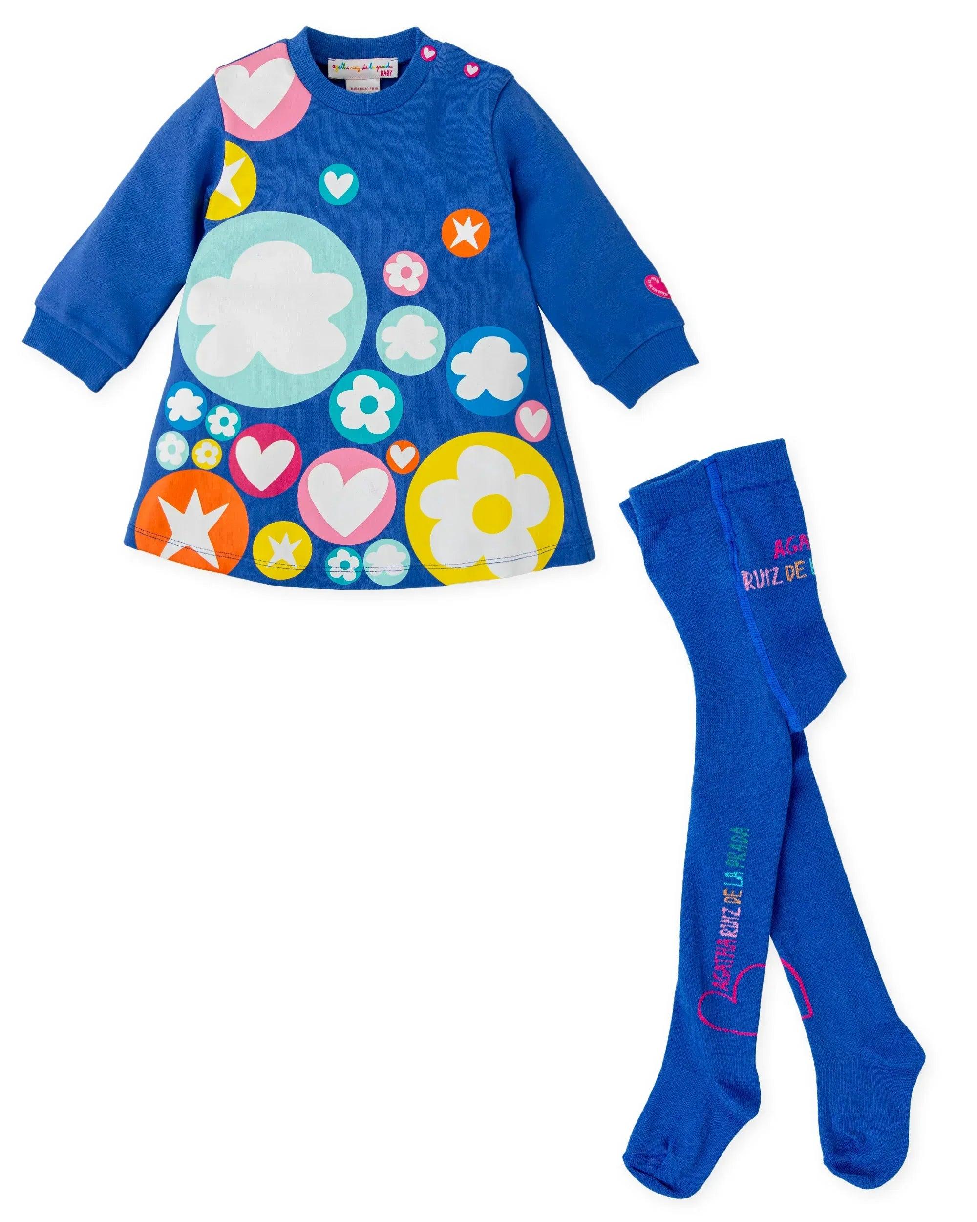 Conjunto: vestido azul con iconos coloridos y leotardos azules con texto vertical