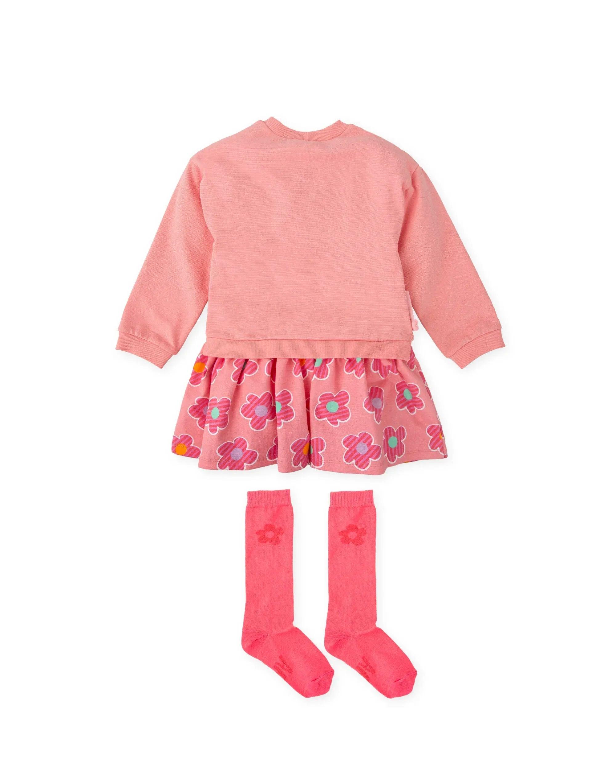 Vestido rosa con espalda lisa y falda de flores, con calcetines a juego