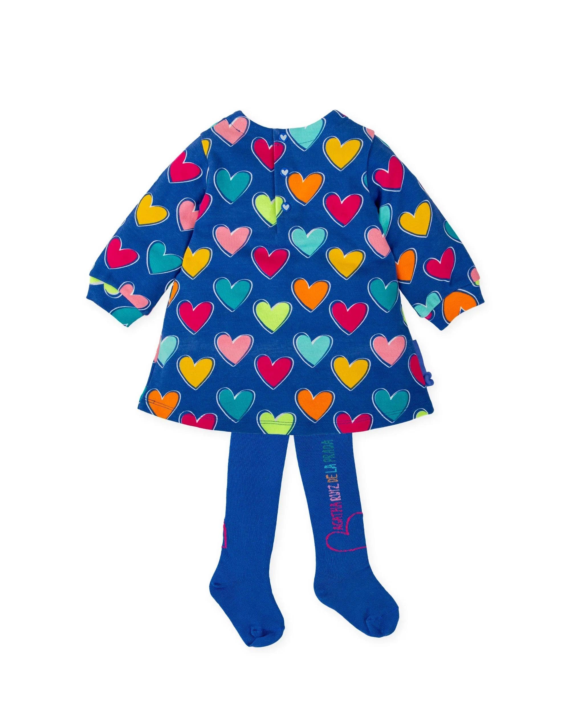 Vestido azul marino de corazones multicolor con leotardos azul oscuro