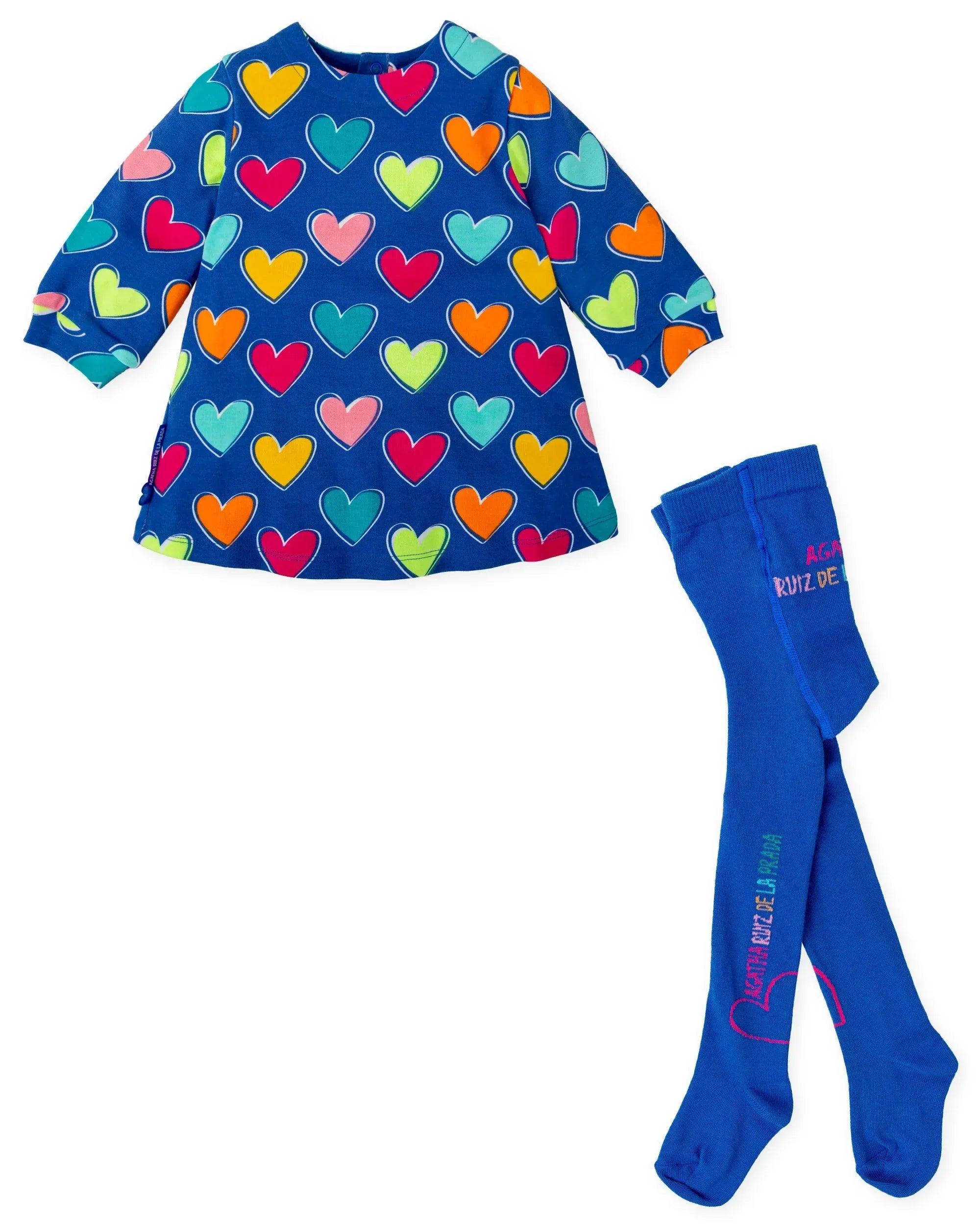 Vestido azul de manga larga con corazones y leotardos azules con marca