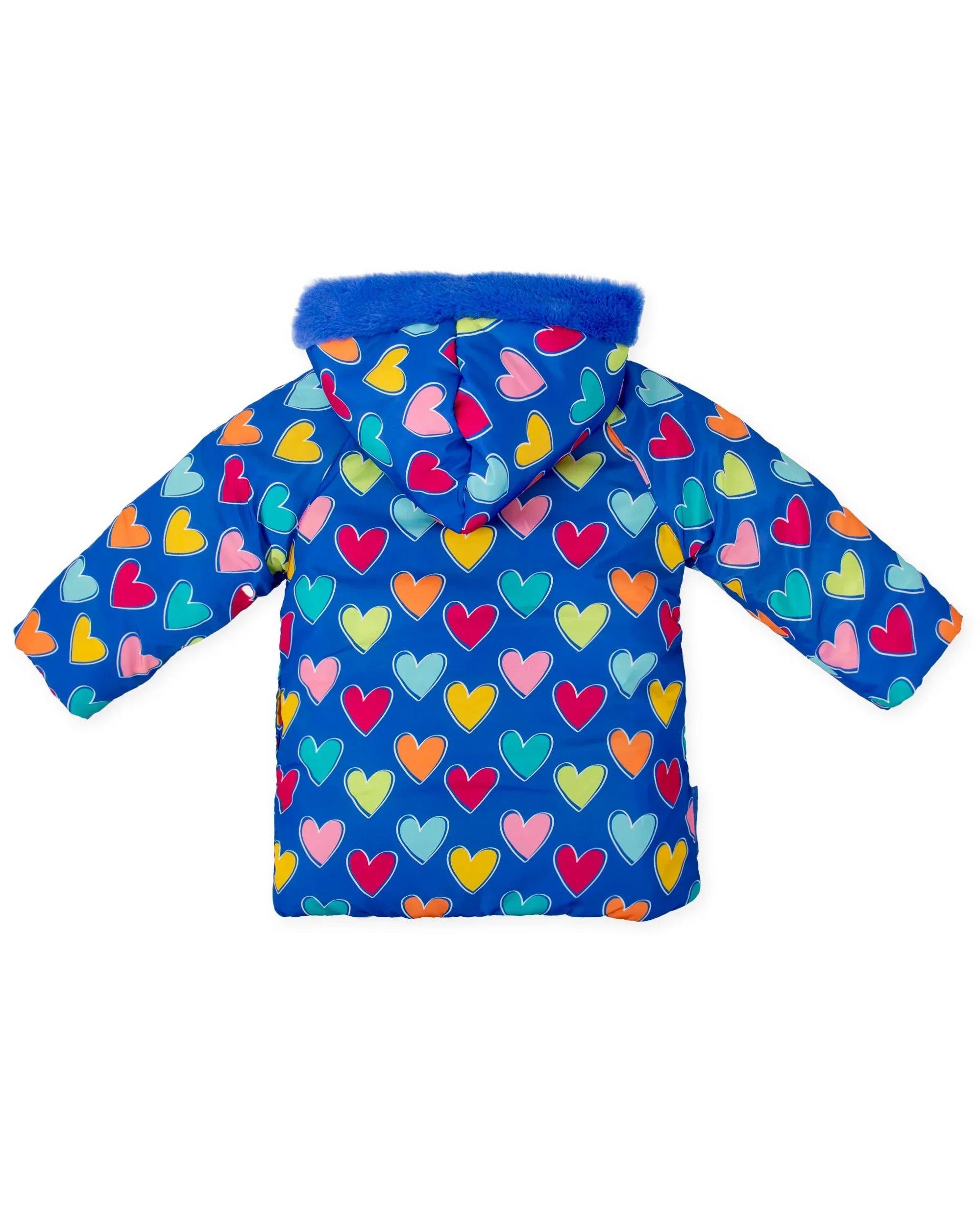Parka infantil azul con capucha y corazones multicolor, vista trasera