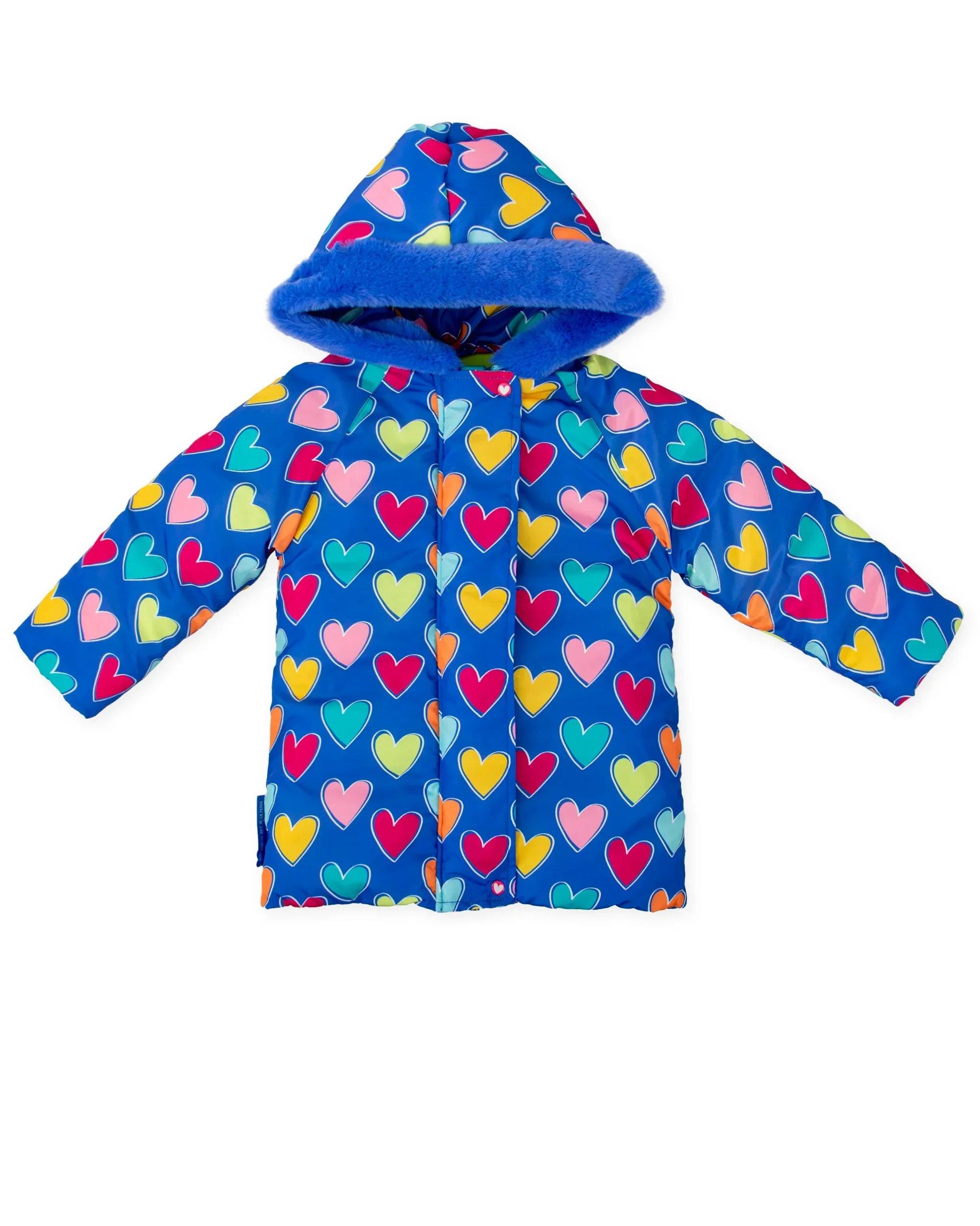 Parka infantil azul con capucha y corazones multicolor, vista frontal