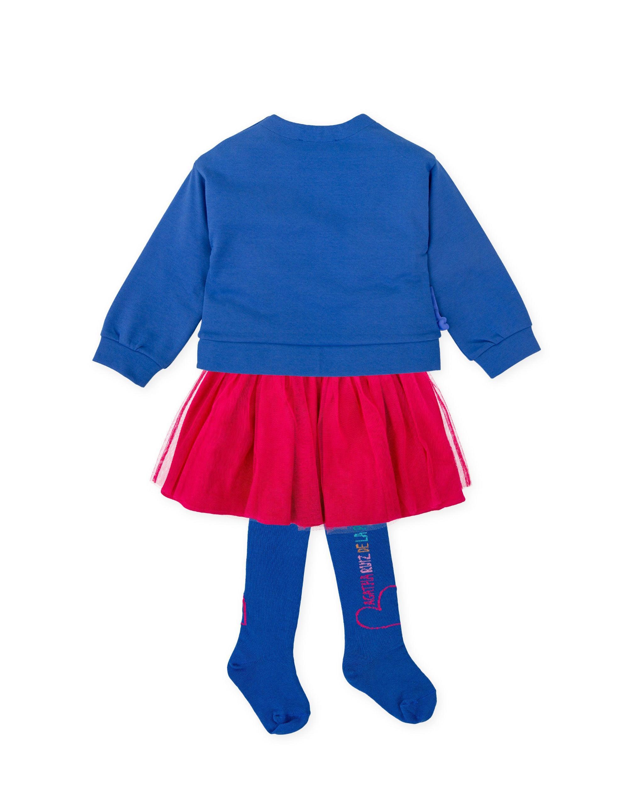 Conjunto infantil sudadera azul lisa, falda fucsia y leotardos azules