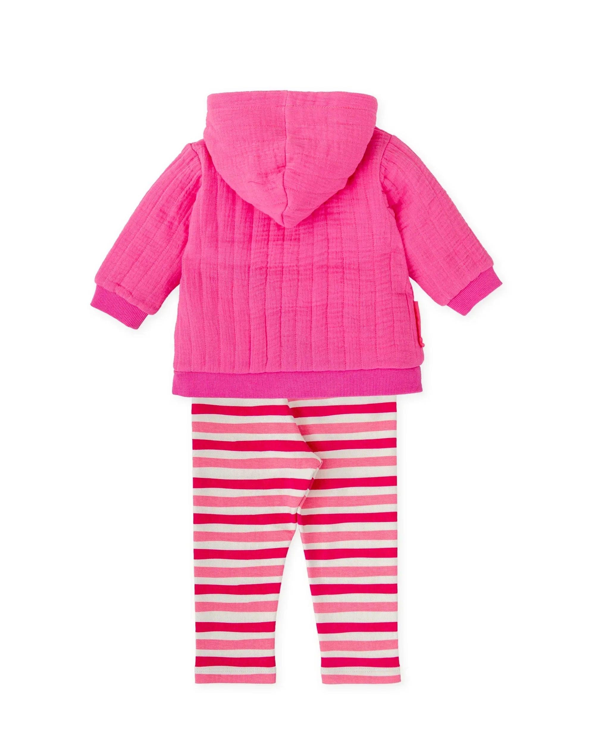 Conjunto de sudadera fucsia con capucha y leggins a rayas fucsia y blancas, vista trasera