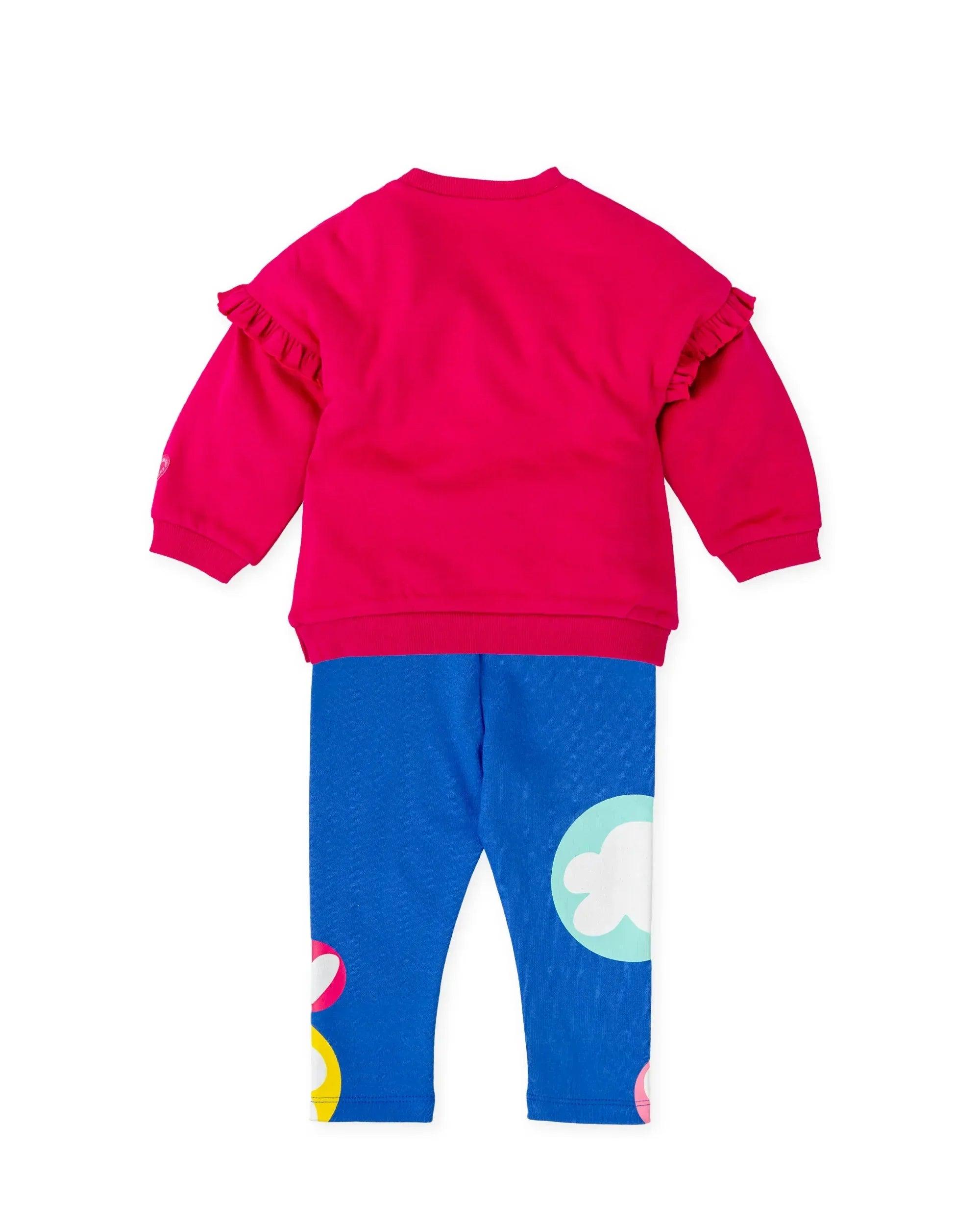 Conjunto 2 piezas: sudadera fucsia lisa con volantes y legging azul estampado