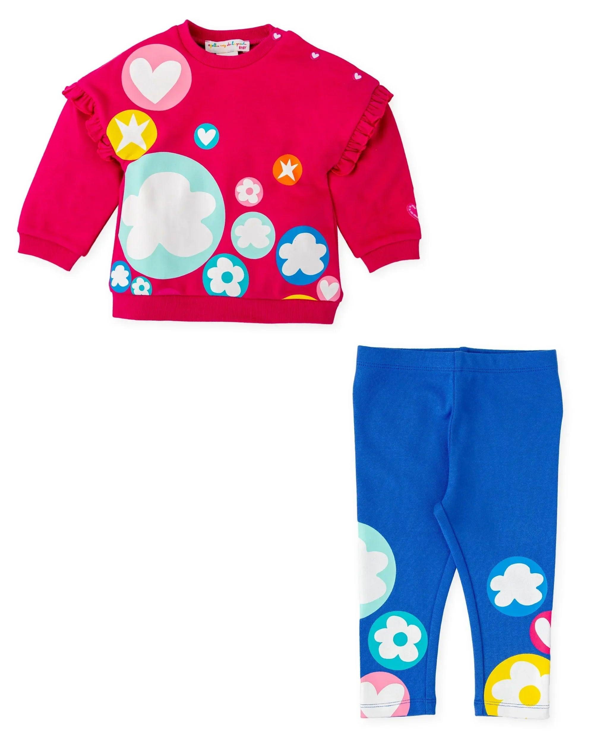 Conjunto 2 piezas: sudadera fucsia con flores y legging azul con flores y círculos
