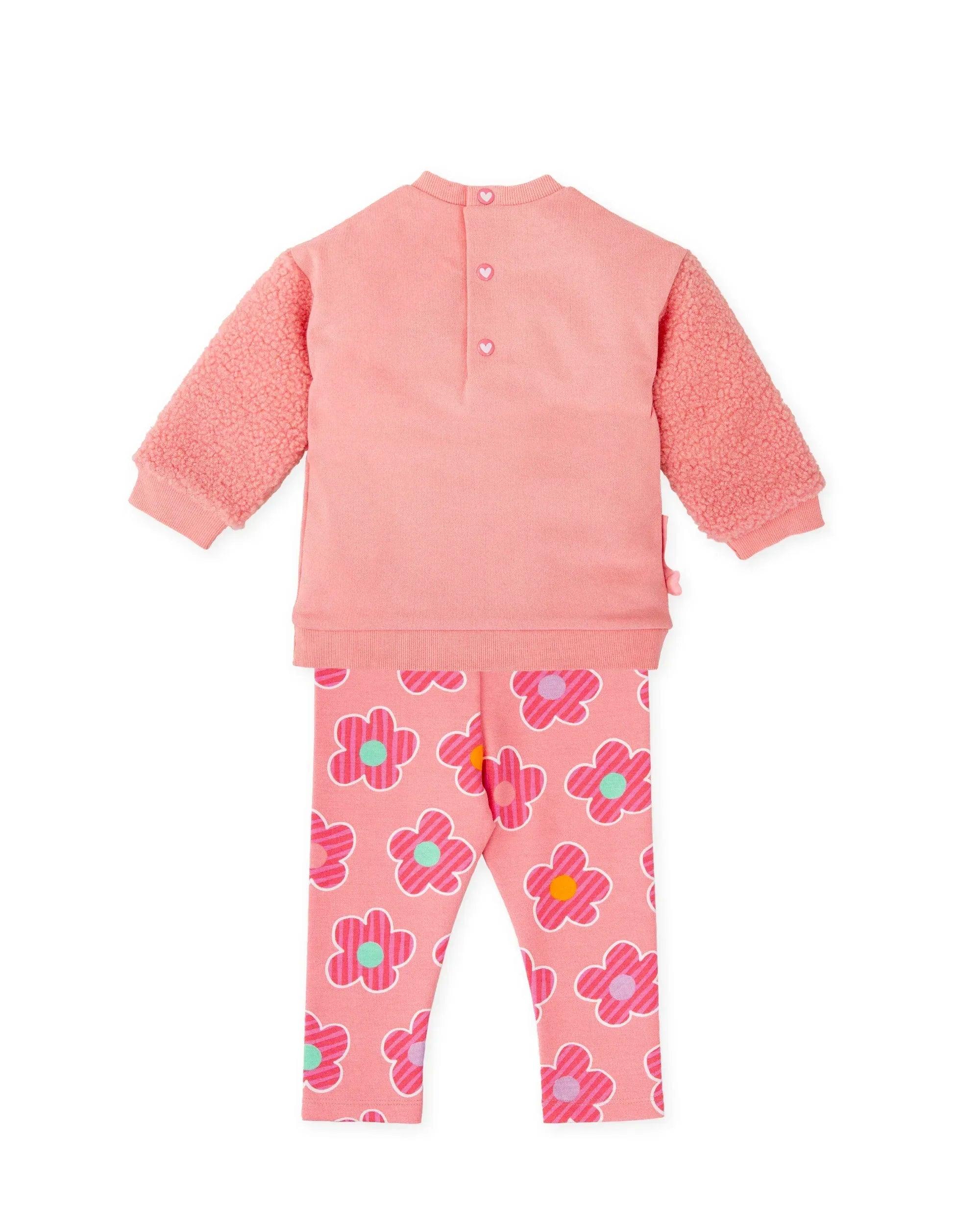 Conjunto sudadera y leggins rosa con flores multicolor, botones en la espalda