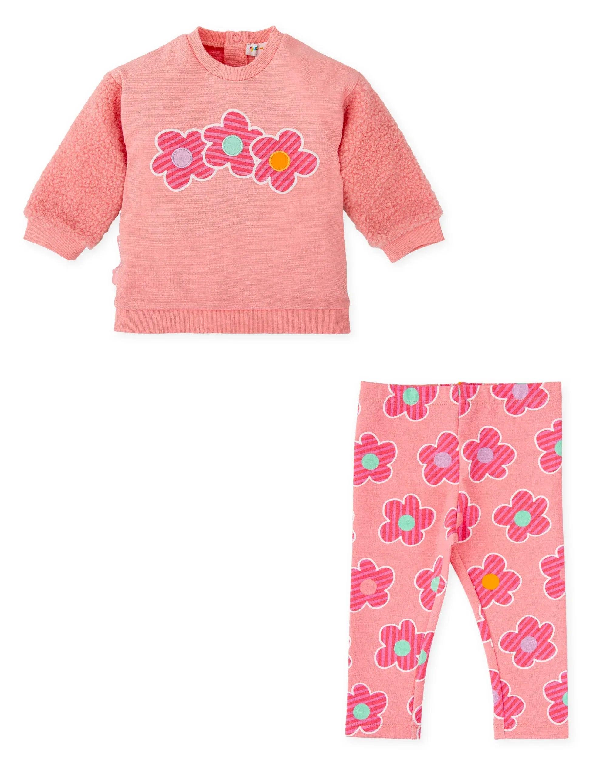 Sudadera rosa y leggins con flores multicolor, diseño frontal visible