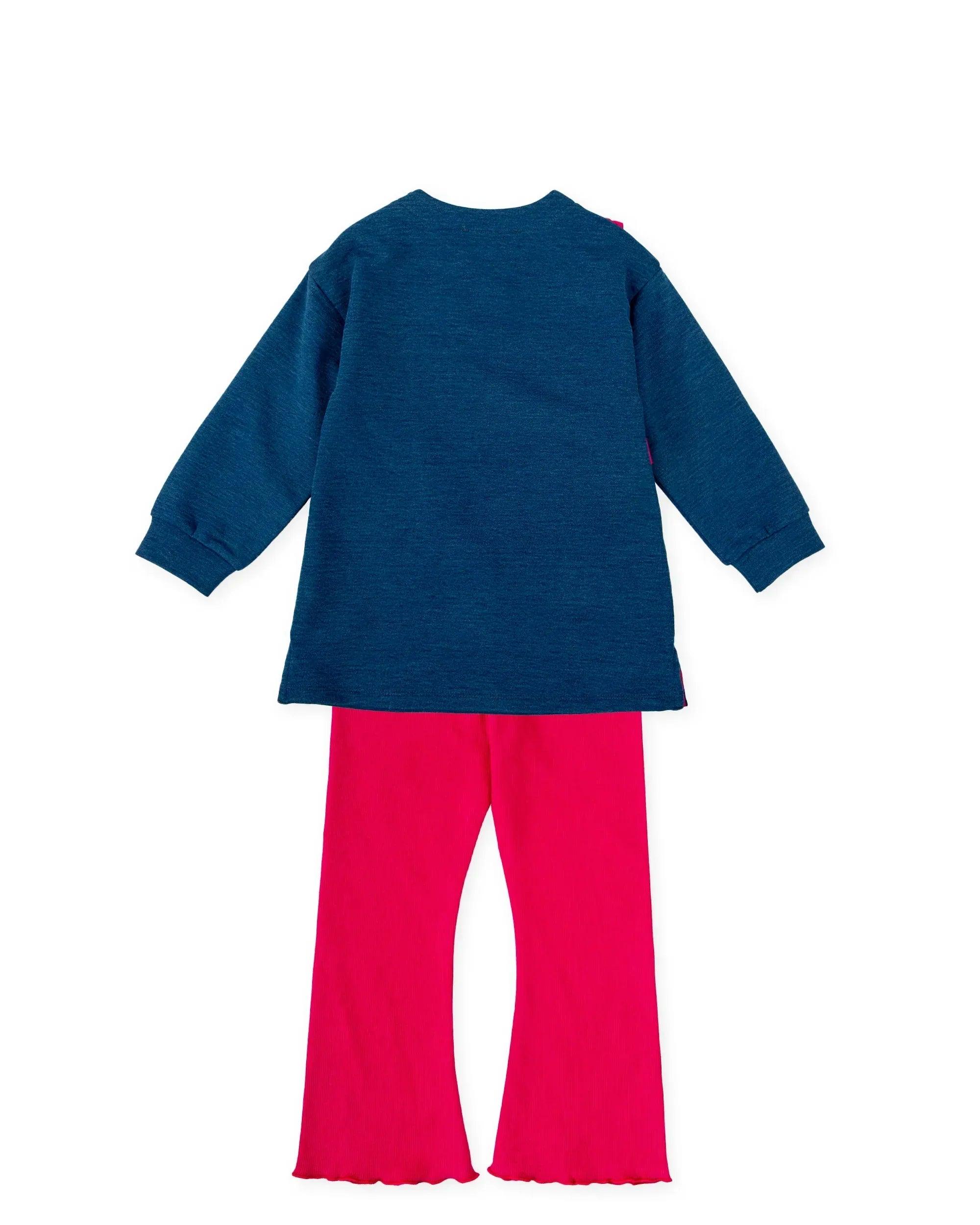 Conjunto de sudadera azul lisa y leggins fucsia acampanados