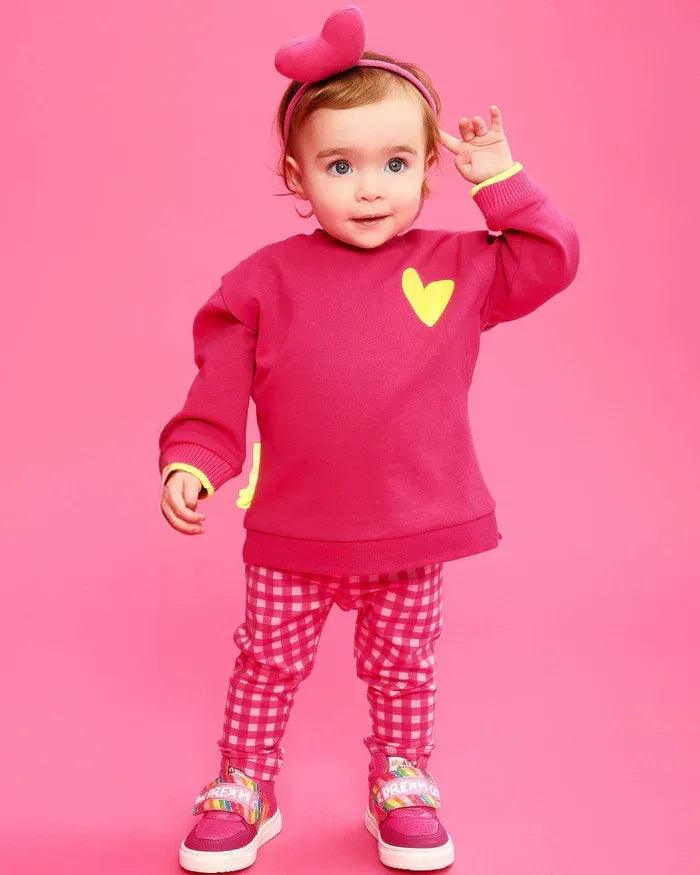 CONJUNTO SUDADERA CORAZÓN FLÚOR Y LEGGINS CUADROS FUCSIA - Agatha Ruiz de la Prada