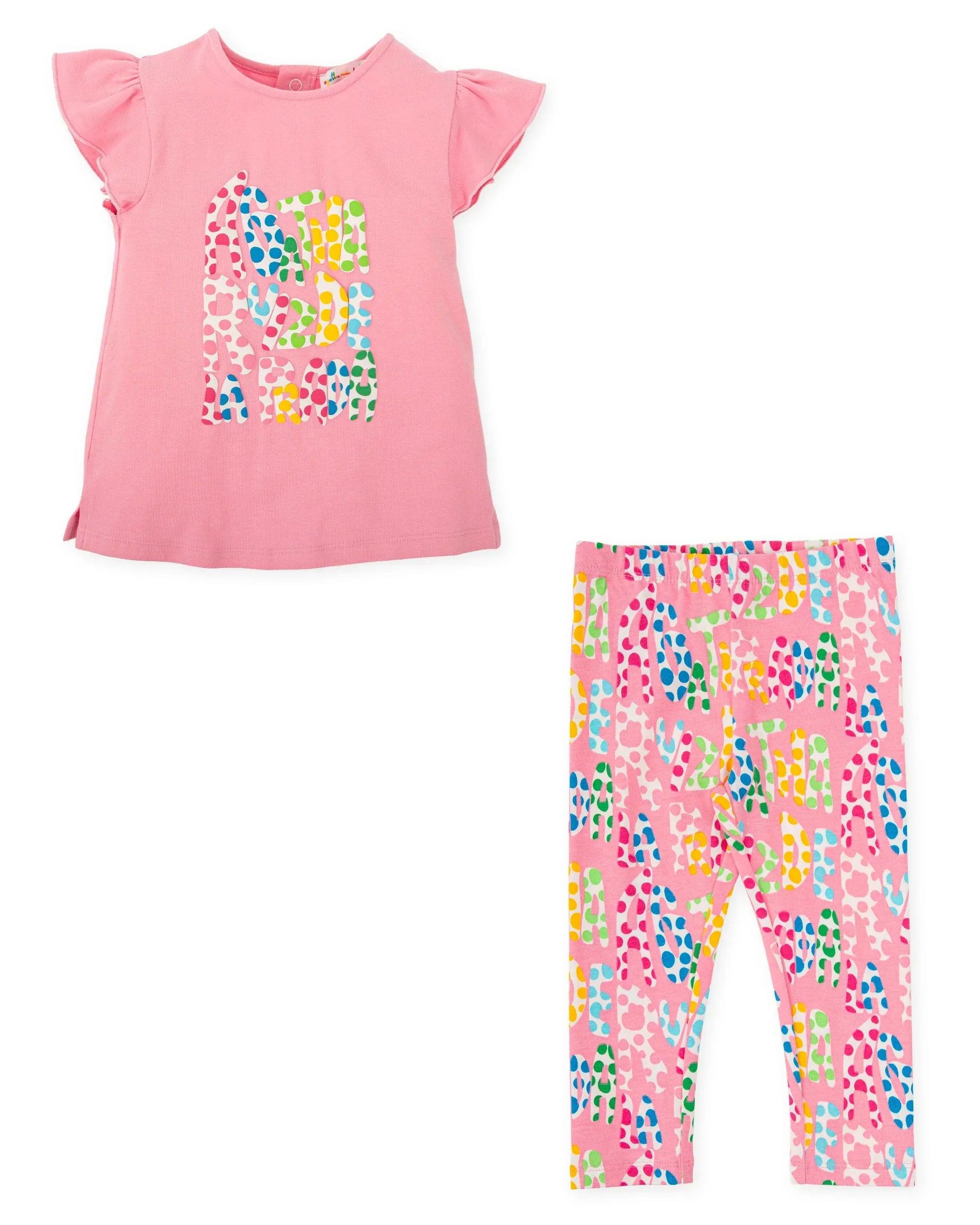 Conjunto de camiseta rosa con estampado de letras y leggings a juego multicolor