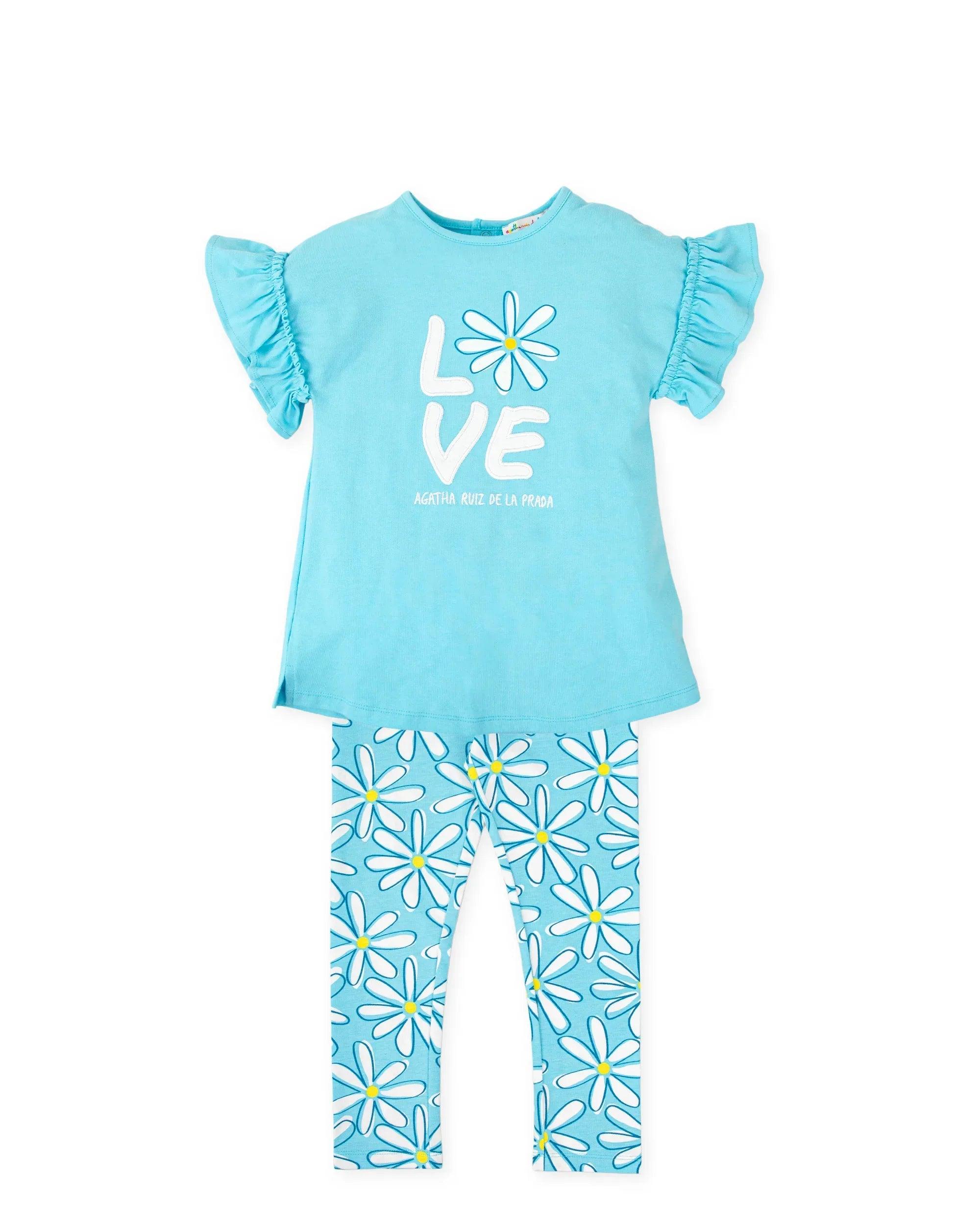 Conjunto infantil de camiseta turquesa con volantes y leggings con flores margarita