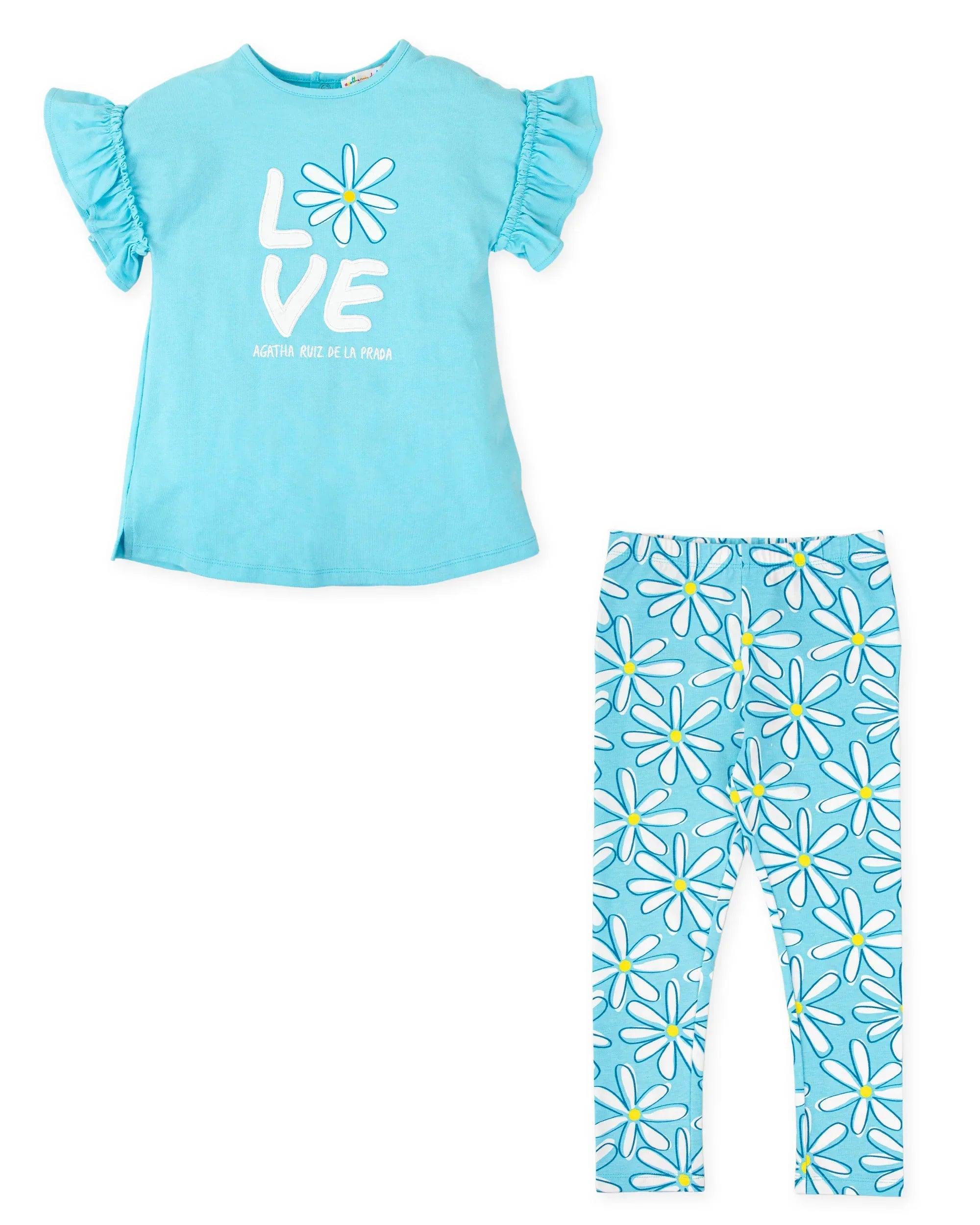 Conjunto infantil de camiseta turquesa con estampado "VE" y leggings de margaritas