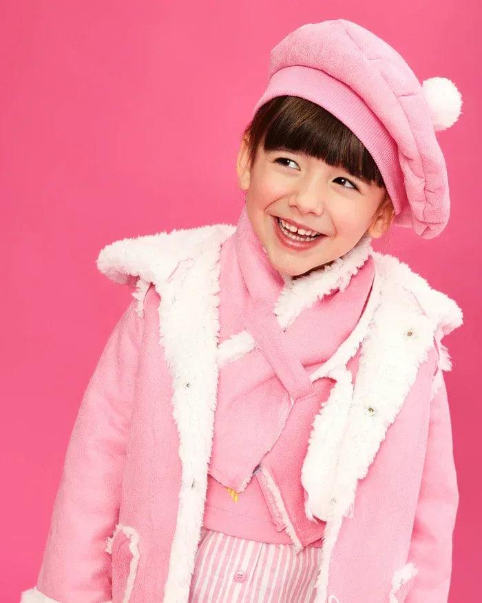 Conjunto de boina y bufanda fresa para niña: boina rosa con pompón y bufanda blanca