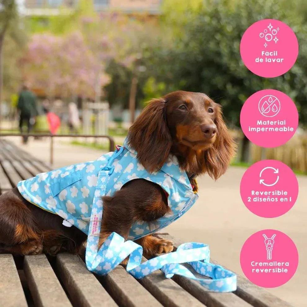 Chubasquero reversible para perro azul con nubes, diseño con cremallera