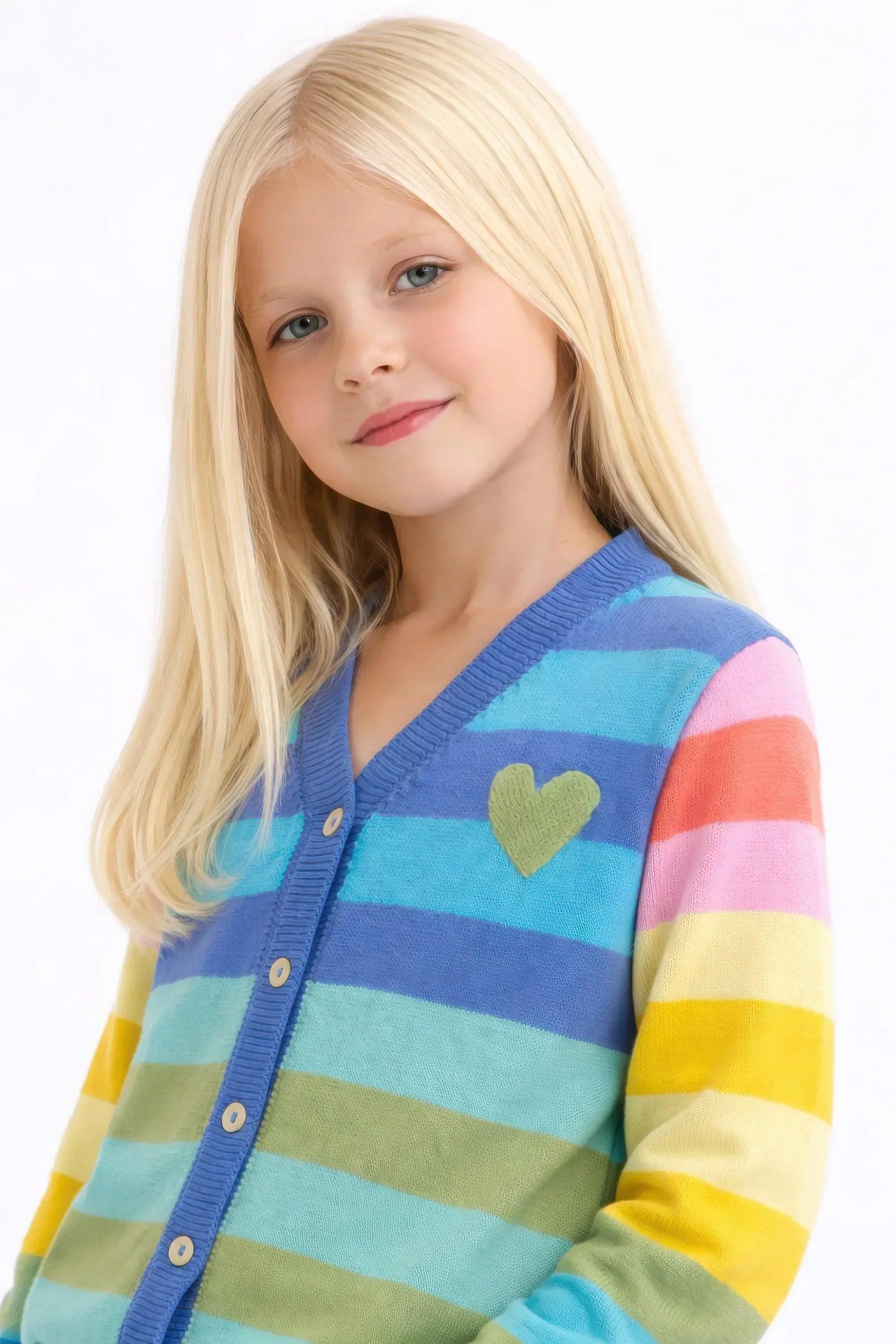 Chaqueta infantil de rayas arcoíris multicolor, cuello en V y botones