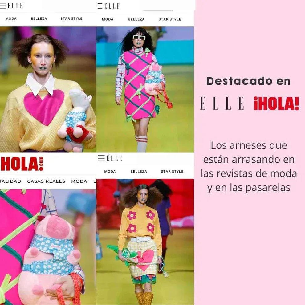 Arnés infantil rosa con corazones, correa ajustable y gancho metálico