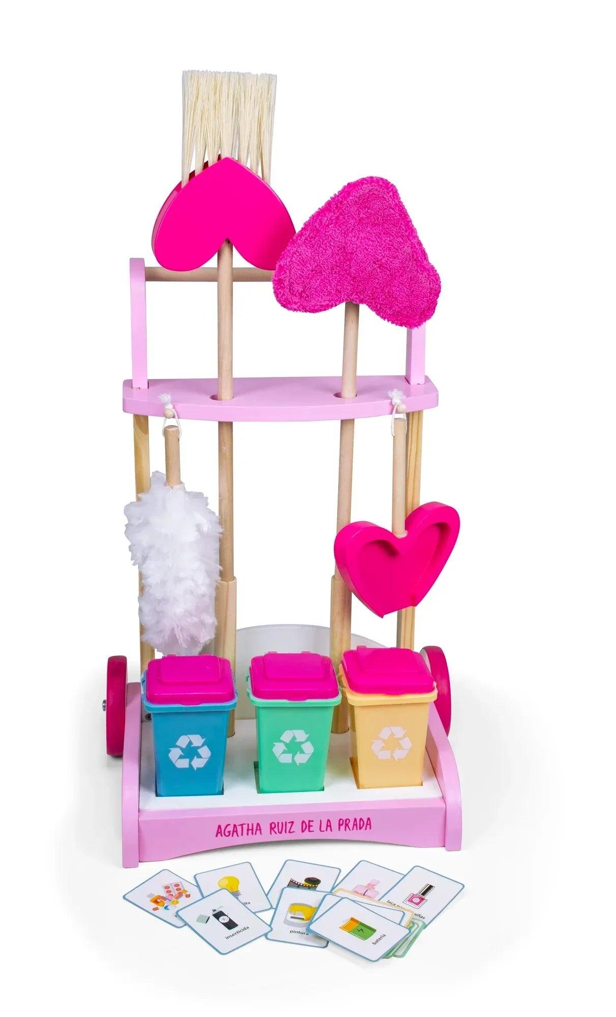 Carrito de limpieza infantil rosa y madera con escobilla, plumero y botes de reciclaje