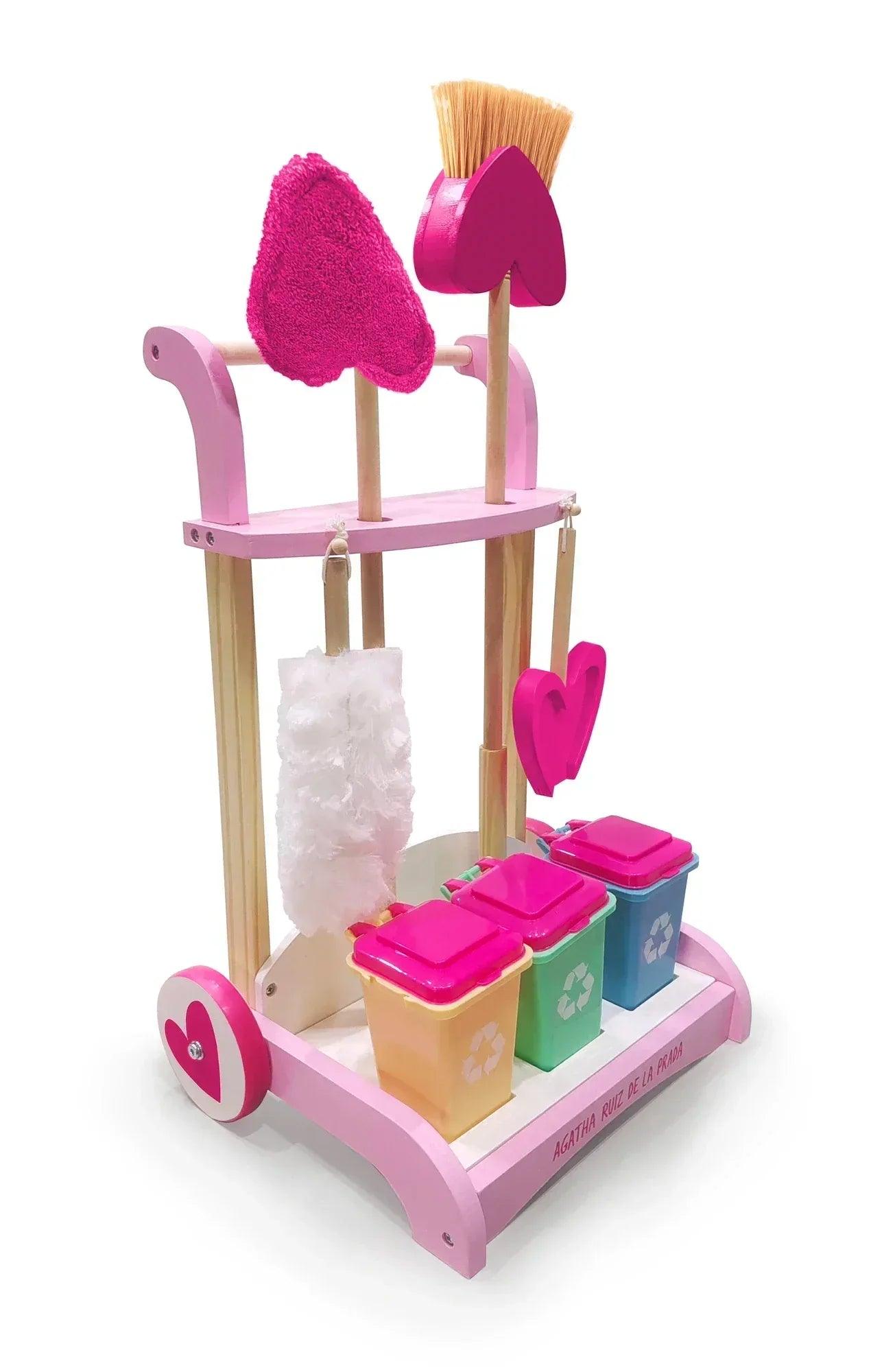 Carrito de limpieza infantil de madera con ruedas rosas y accesorios de limpieza