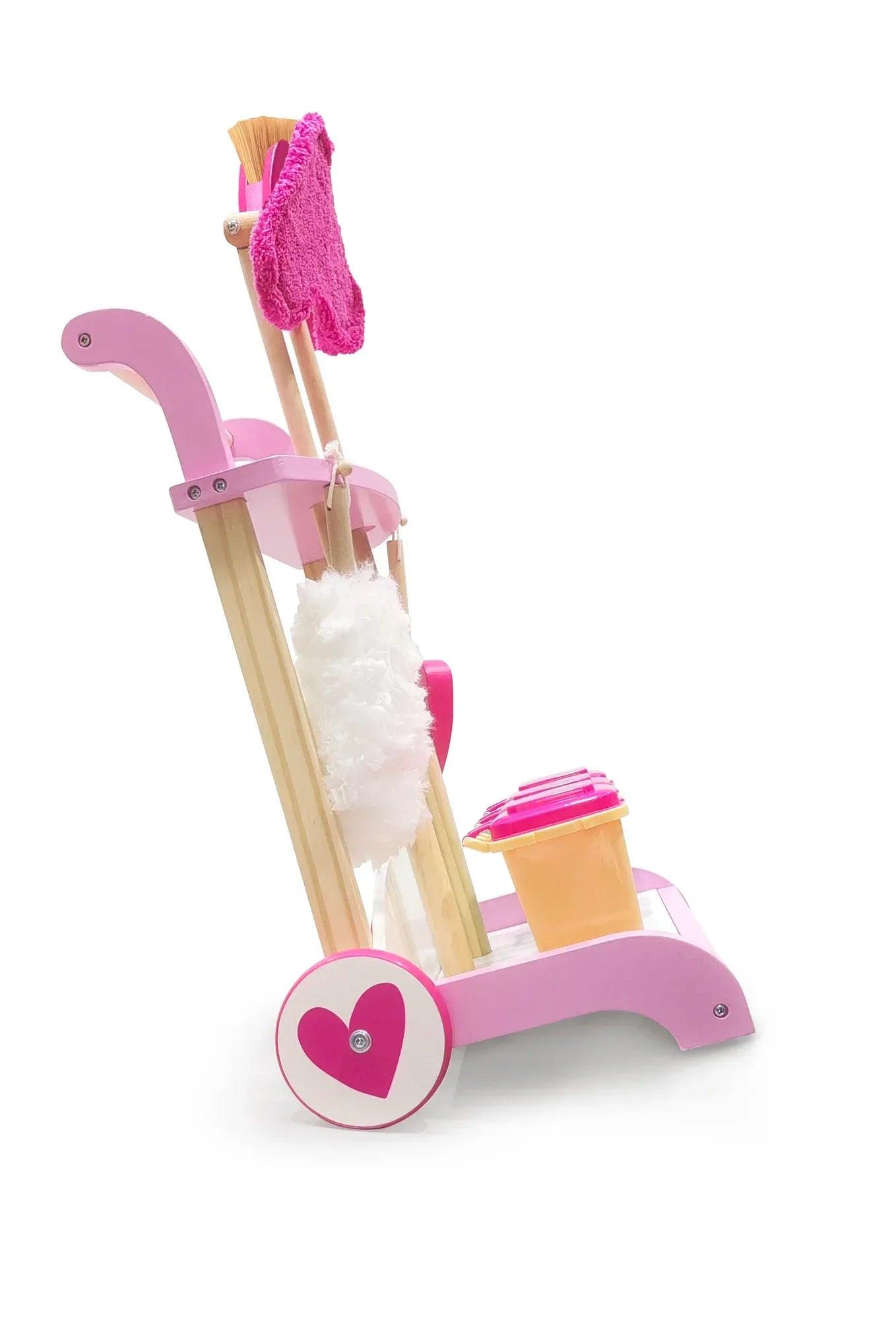 Carrito de limpieza infantil de madera con escobilla rosa y accesorio recogedor