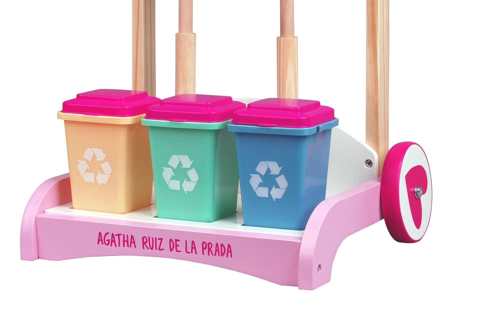 Base del carrito de limpieza con botes de reciclaje de colores y tapas rosas