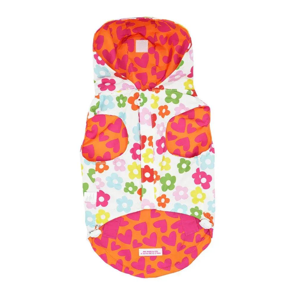Chubasquero para perro con capucha, estampado de flores multicolor con detalles de corazones