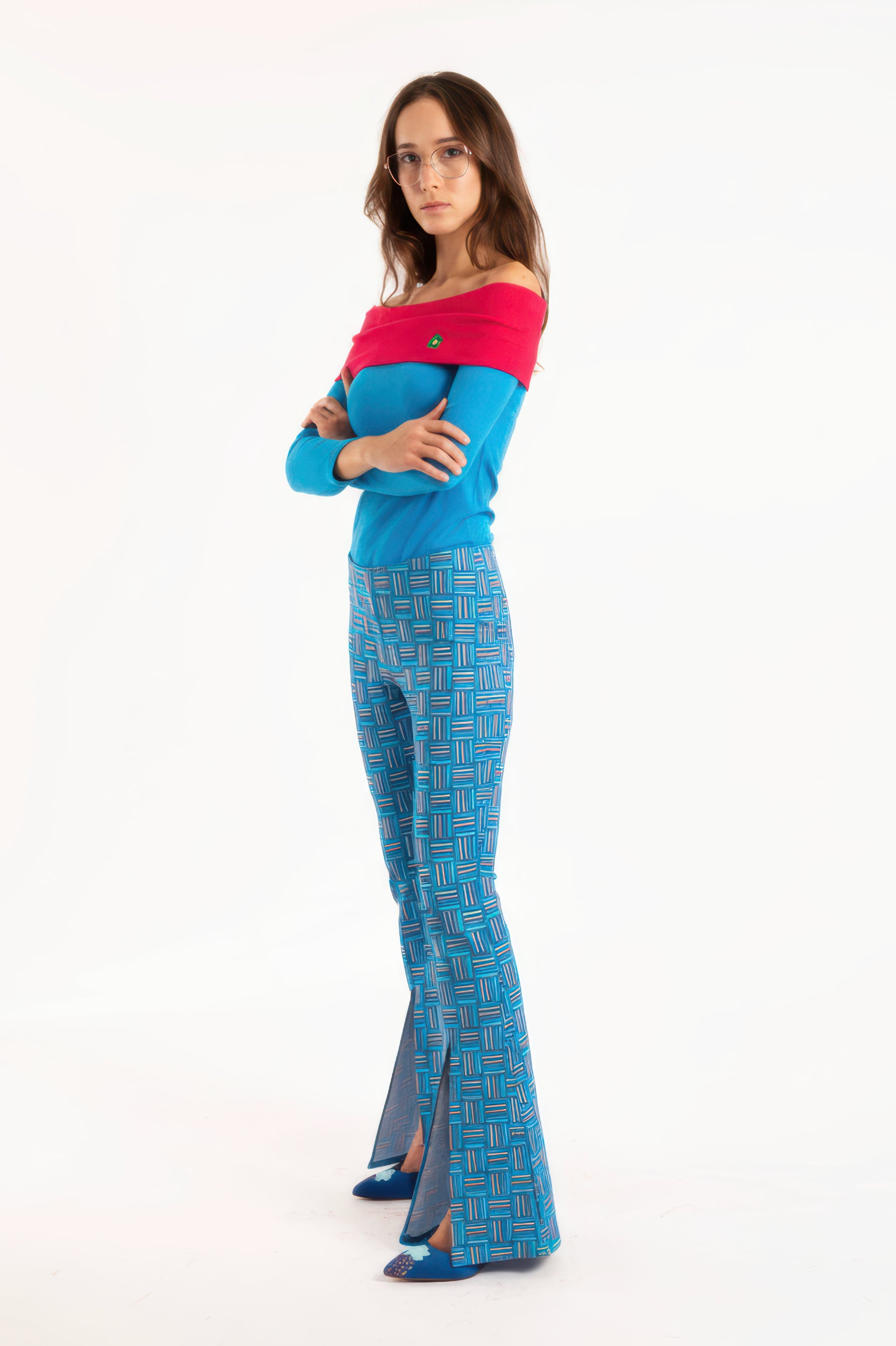 Pantalon flare bleu rayé couleurs