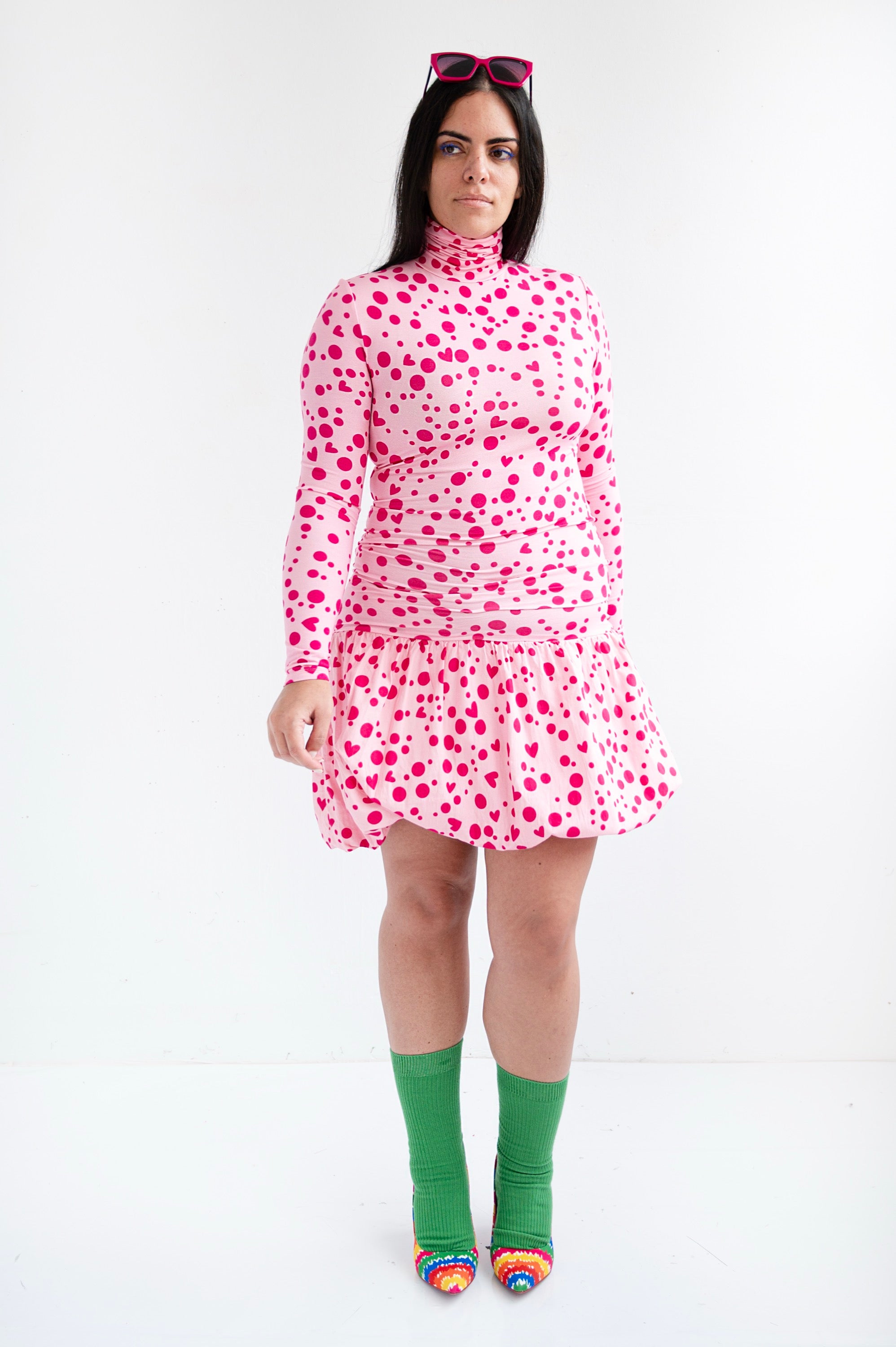 SHORT DRESS PINK HEART POLKA DOTS