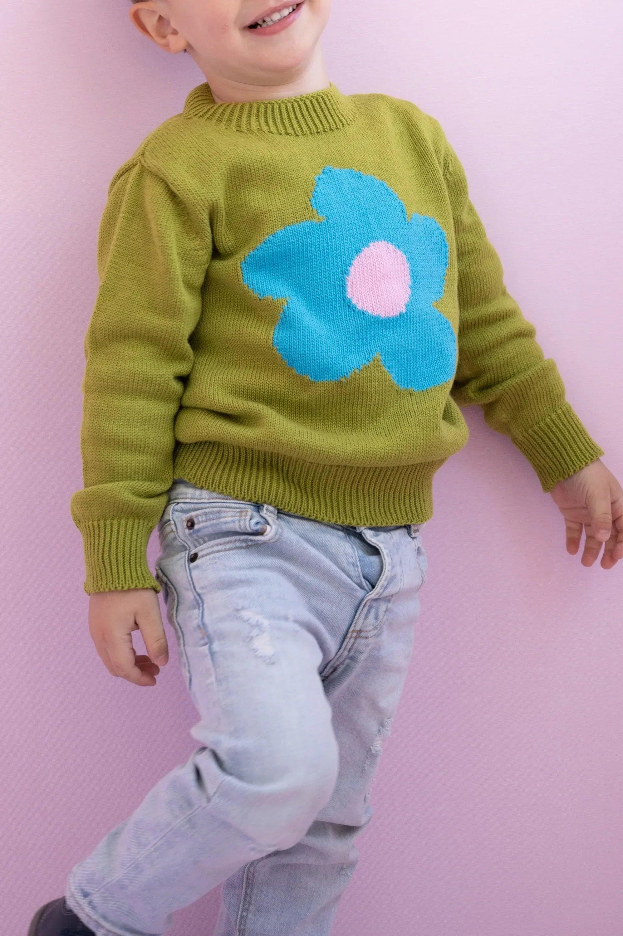 Jersey infantil verde de algodón con flor azul y rosa, puños acanalados
