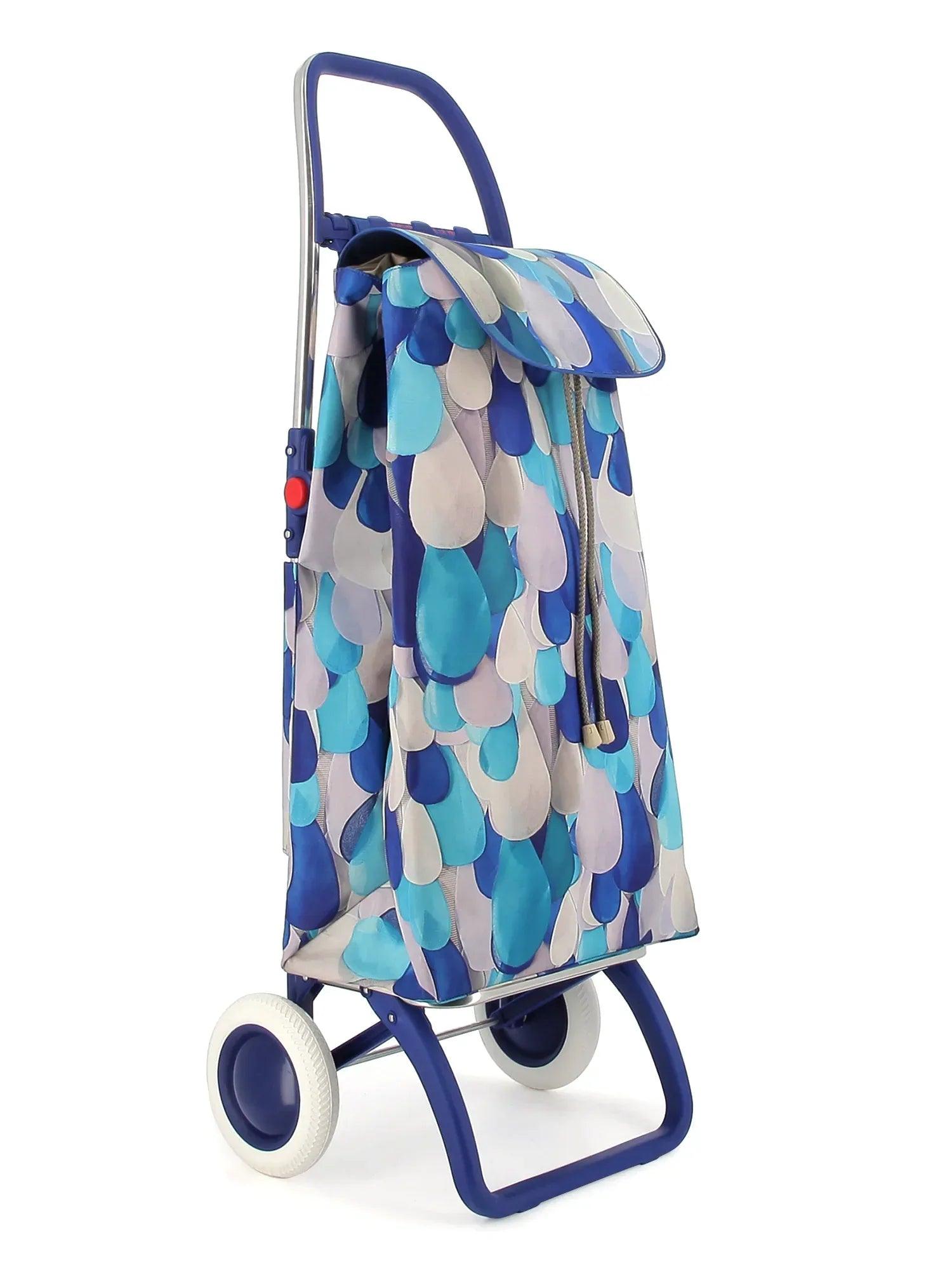 Carro plegable de tela con diseño de gotas azul y ruedas delanteras