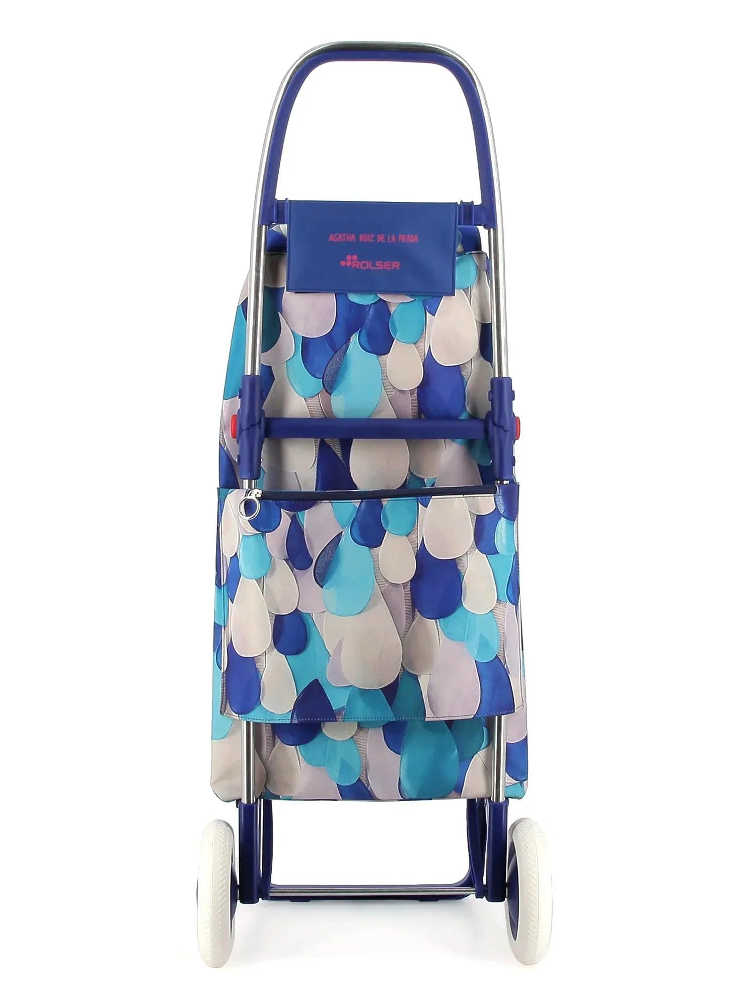 Carro plegable para bebé con respaldo acolchado estampado azul y blanco y ruedas